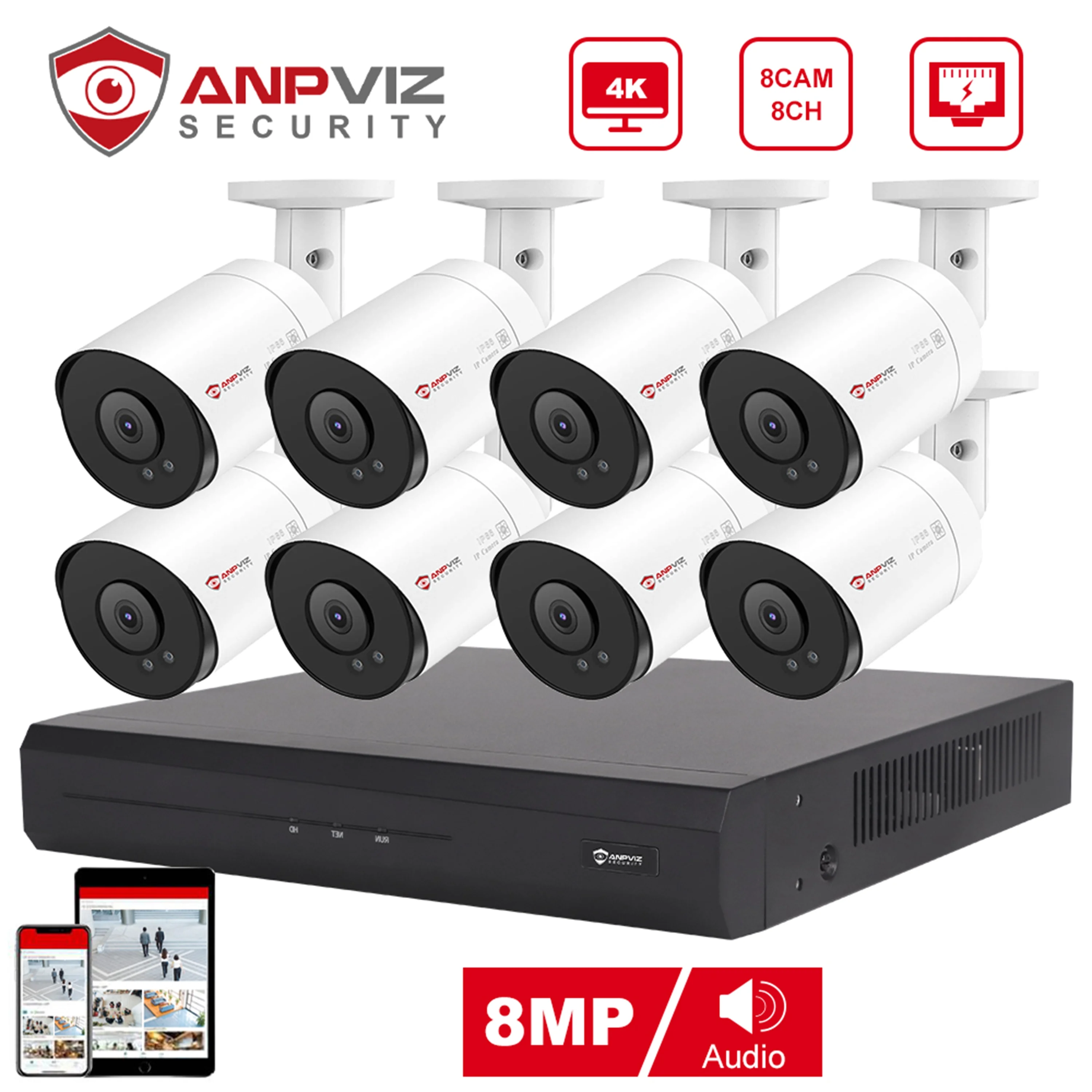 Anpviz 4K 8CH PoE Security Camera System, 8pcs Wired 8MP Bullet PoE IP Cameras Outdoor with Person Vehicle Detection, 8MP  8-CH NVR with2TB HDD for 24/7 Recording