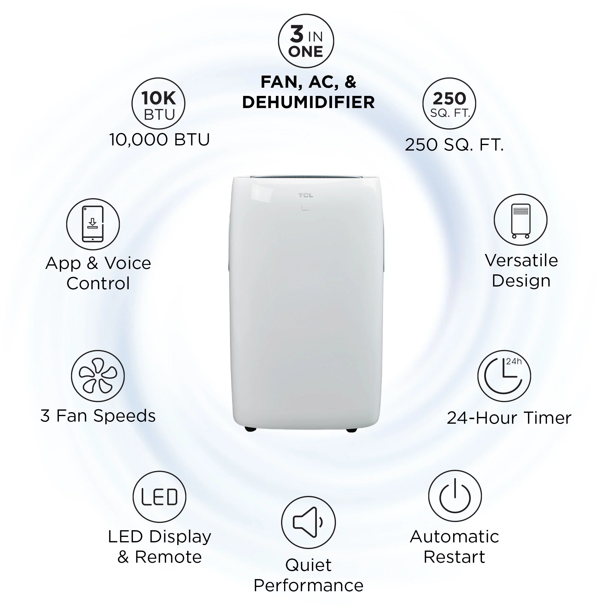 TCL Home 6,000 BTU 115-Volt Smart Portable Air Conditioner, Remote, White, W10P92