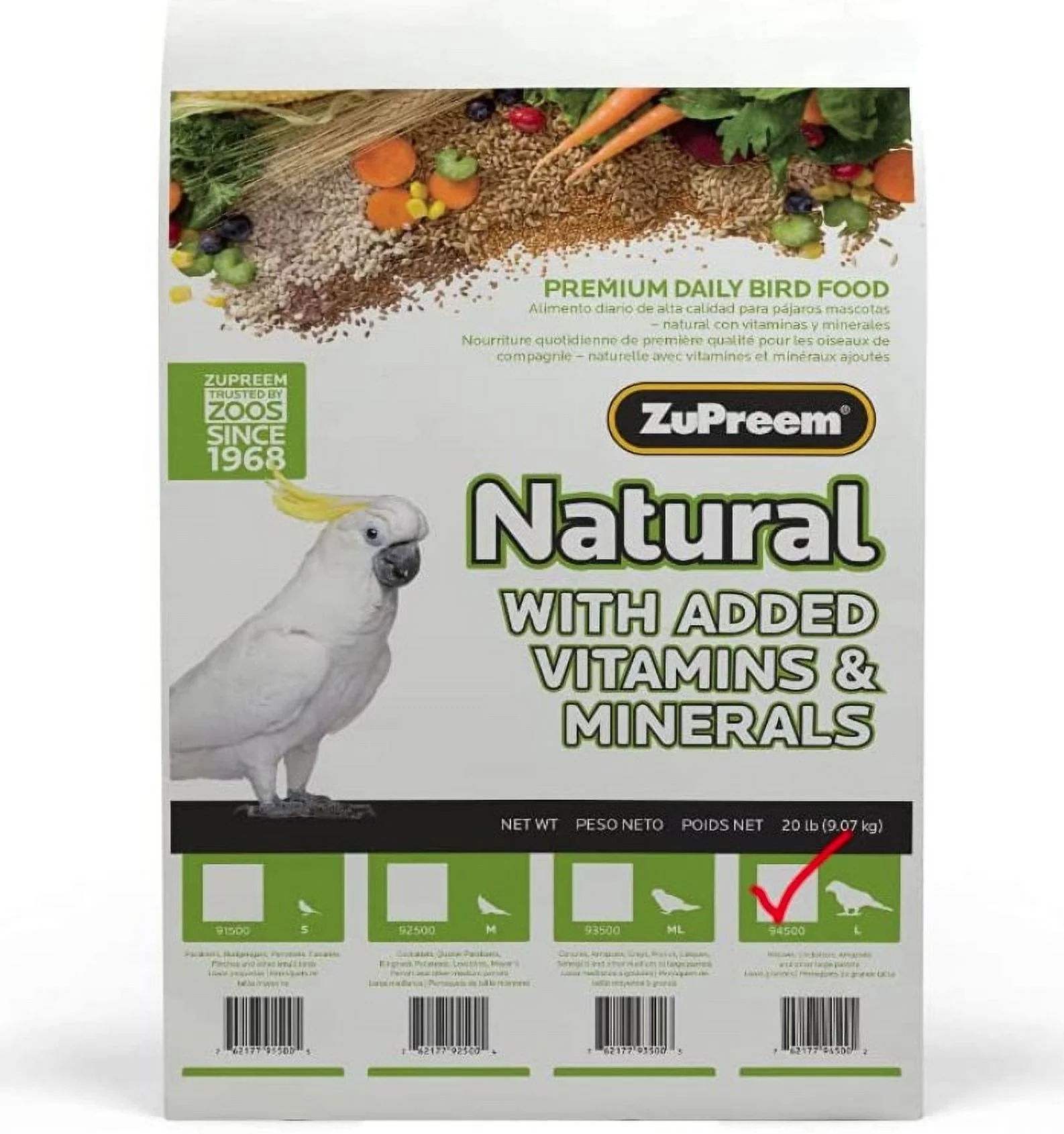 ZuPreem Natural with Added Vitamins, Minerals, Amino Acids Bird Food for Large Birds [Bird Parrot Food, Bird Supplies] 40 lb (2 x 20 lb)