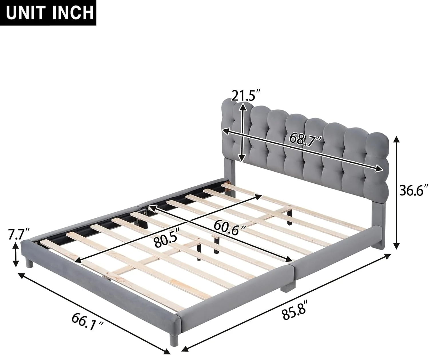 Queen Size Upholstered Bed With Soft Headboard, Platform Bed With Upholstered Headboard For Bedroom, Solid Wood Bed Frame With Support Legs, No Box Spring Needed, Gray