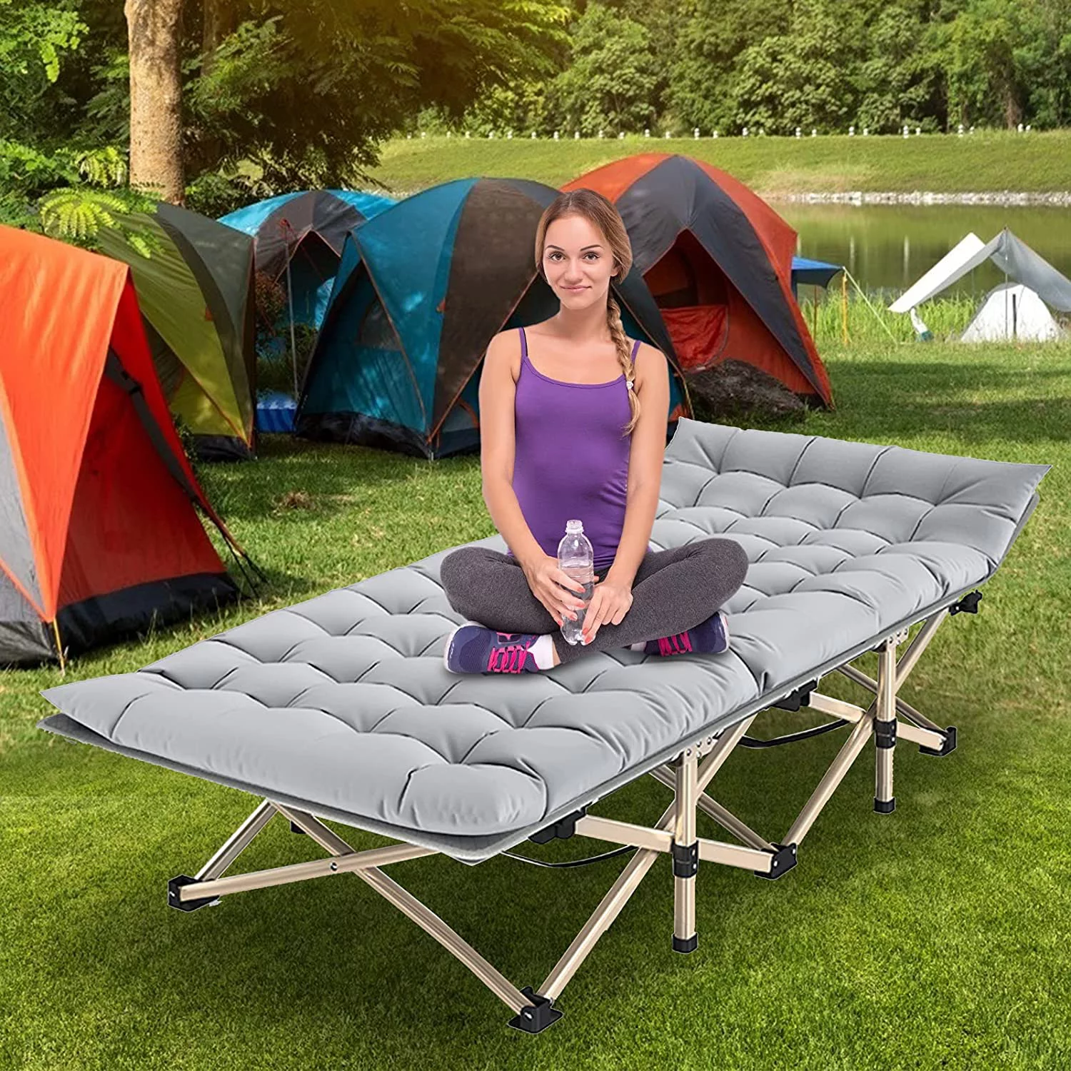 Folding Camping Cots for Adults, Folding Cot with Mattress Camping Bed Camp Cot Portable Military Cot, Double Layer Oxford Strong Heavy Duty Sleeping Cots with Carry Bag for Camp Office Use