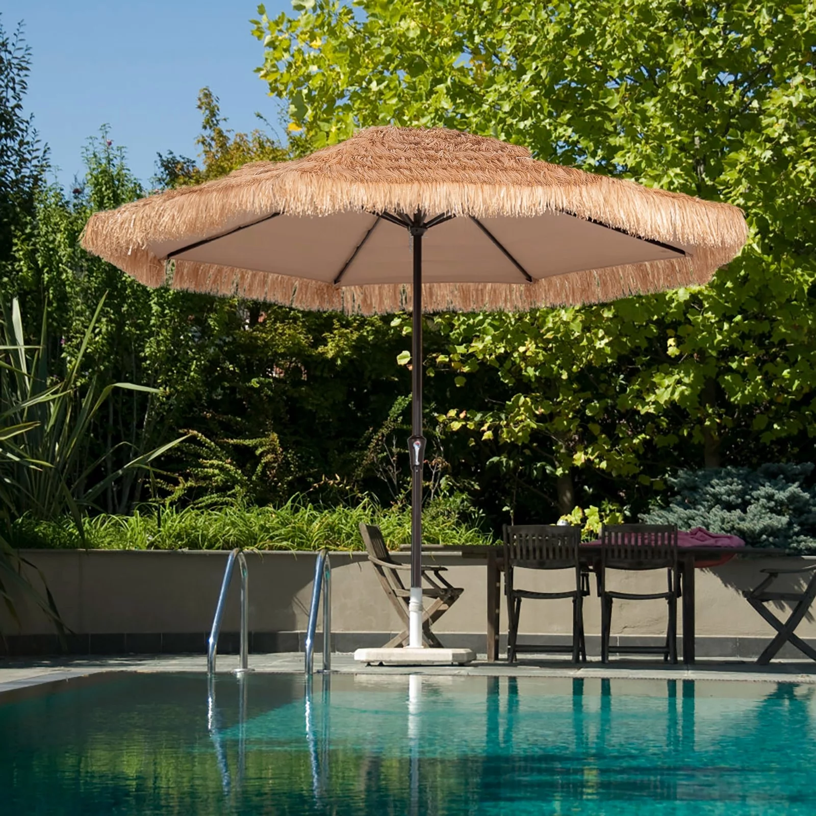 JUSTLET 10' Outdoor Thatched Hawaiian Tiki Patio Umbrella with Crank