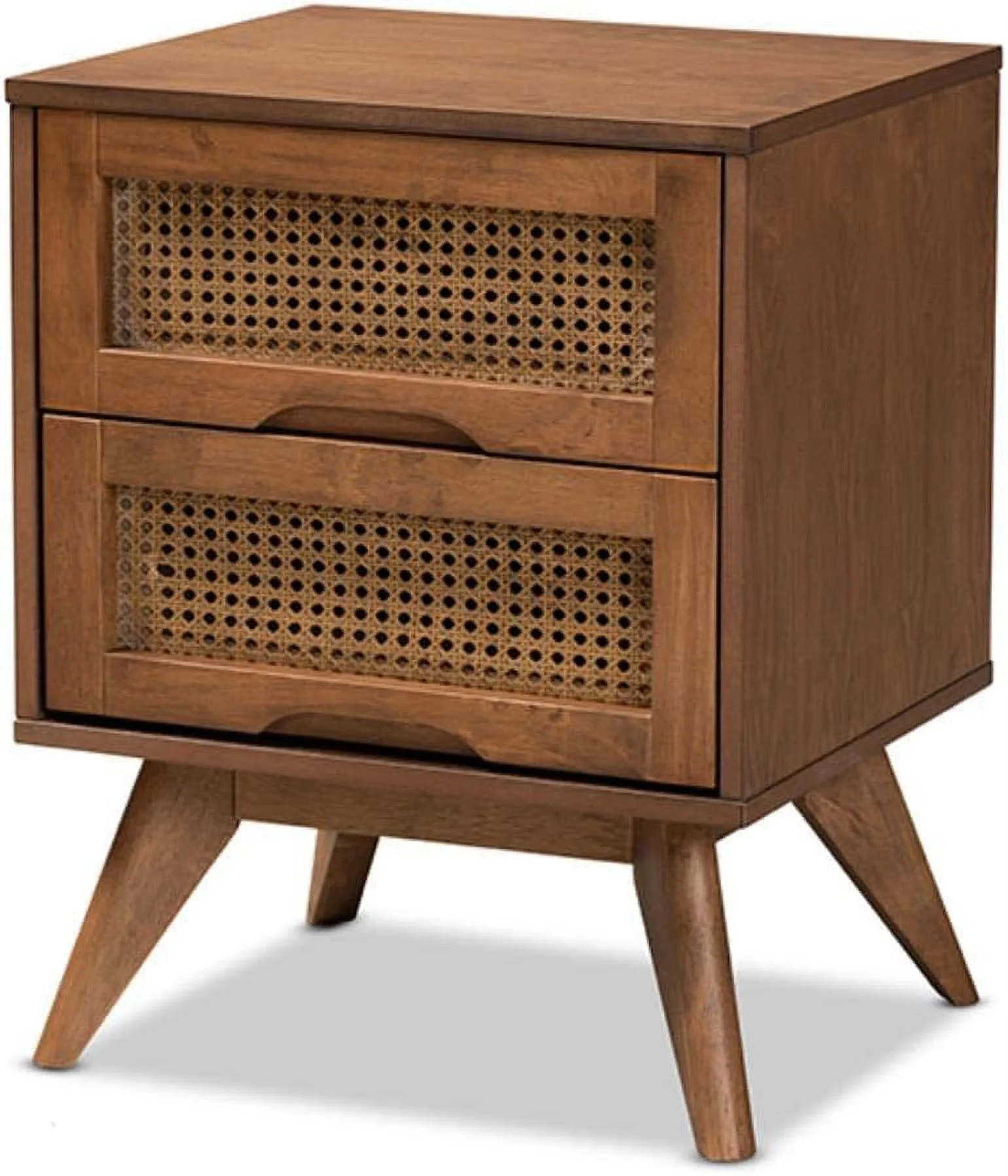 Brown Finished Wood and Synthetic Rattan 2-Drawer Nightstand