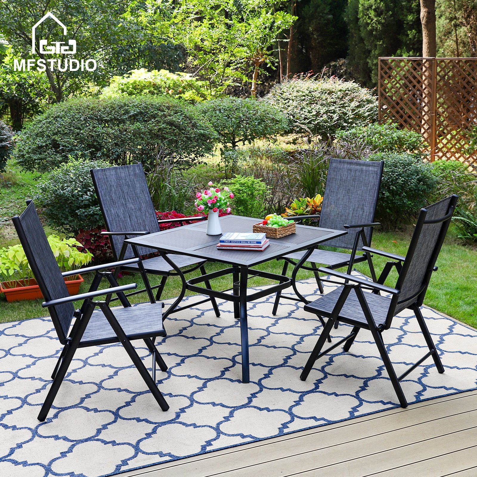 MF Studio 5-Piece Outdoor Patio Dining Set with Textilene 7-level Adjustable Folding Chairs&Square Table, Gray