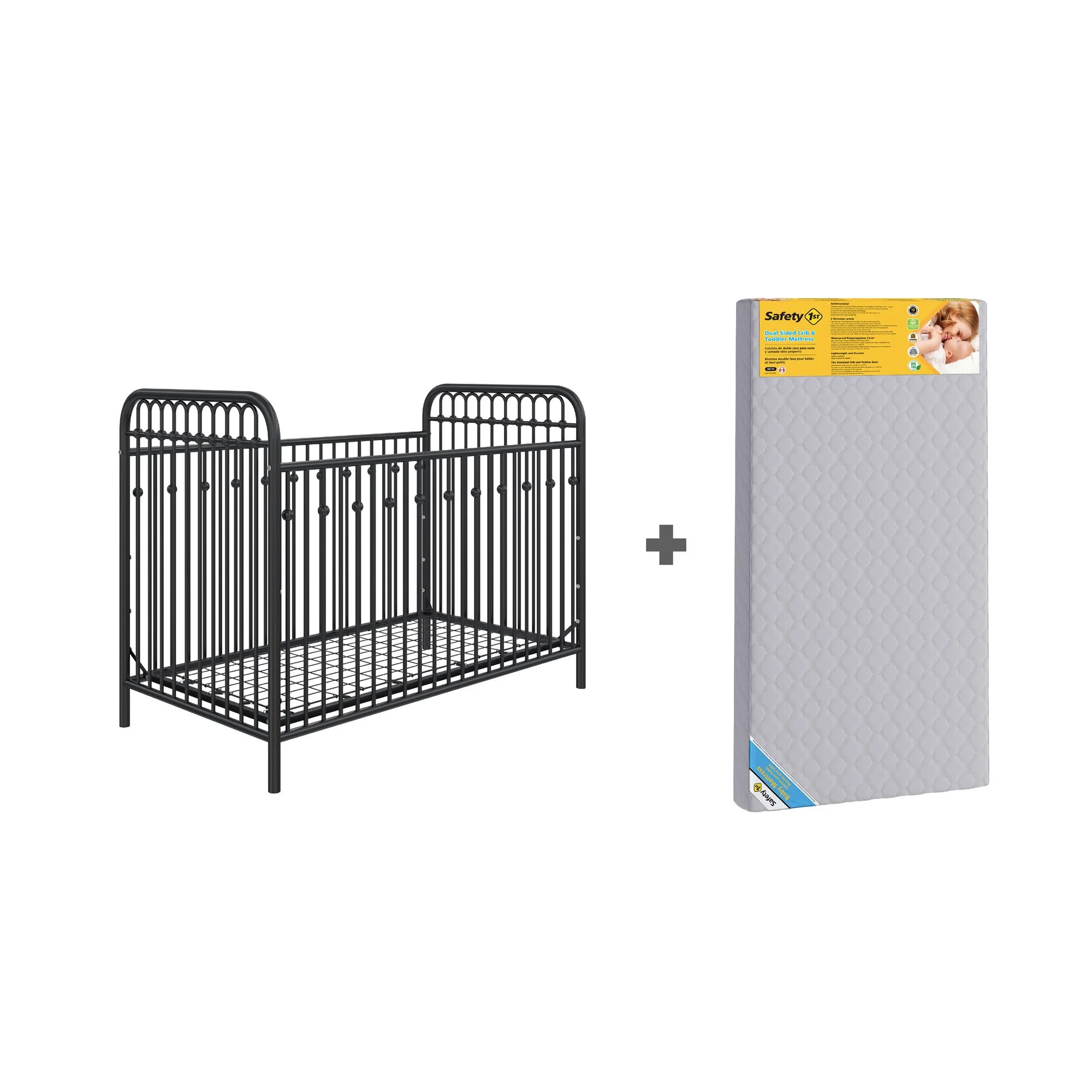 Little Seeds Monarch Hill Ivy Metal Crib and Safety 1st Grow with Me 2-in-1 Baby & Toddler Mattress, Black