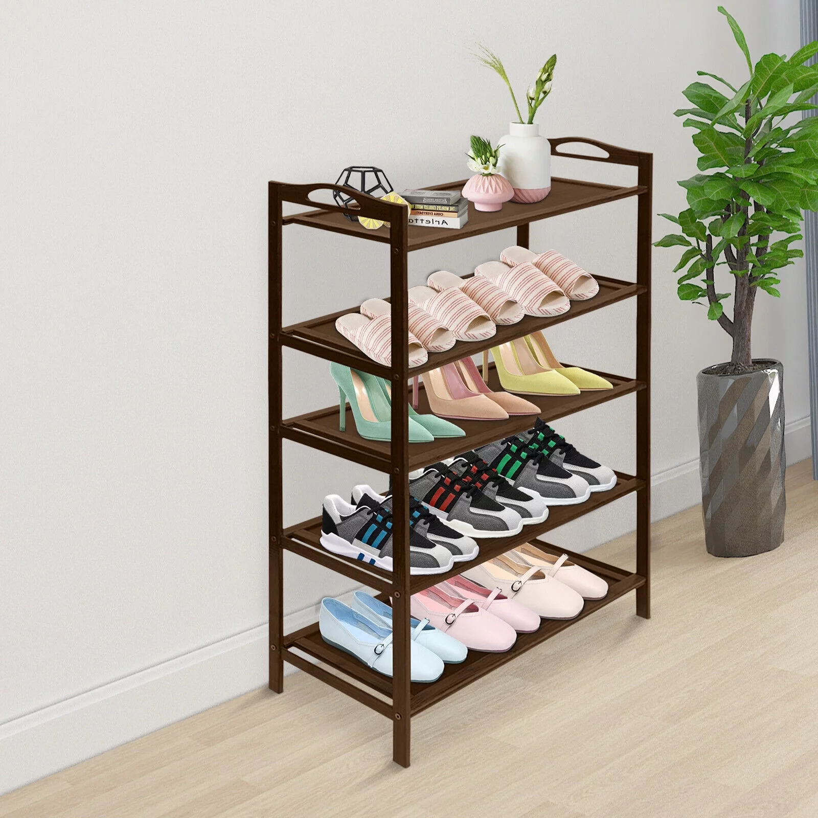 Modern 5-Tier Bamboo Shoe Rack - 15 Pairs Shoe Storage Organizer Entryway Stackable Free Standing Shoe Racks Dark Brown 27.16*9.44*34.25in