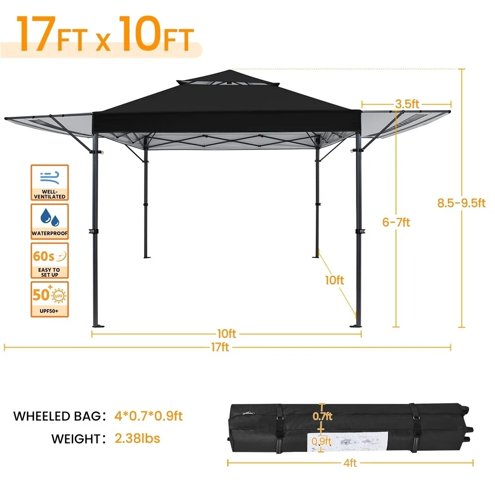 Yaheetech 10x17ft 2-tiered Gazebo Canopy with Side Awnings Black