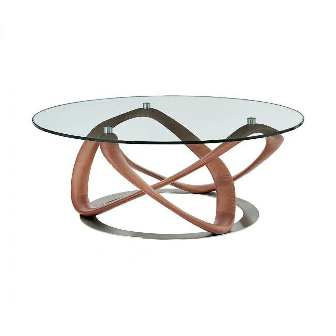 39 in. Abstract Round Coffee Table, Walnut & Clear Glass
