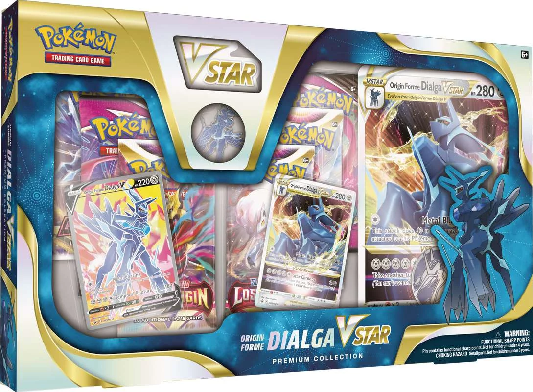 Pokemon Sword & Shield Origin Forme Dialga VSTAR Premium Collection (6 Booster Packs, 2 Etched Promo Cards, Oversize Card, Pin & More)