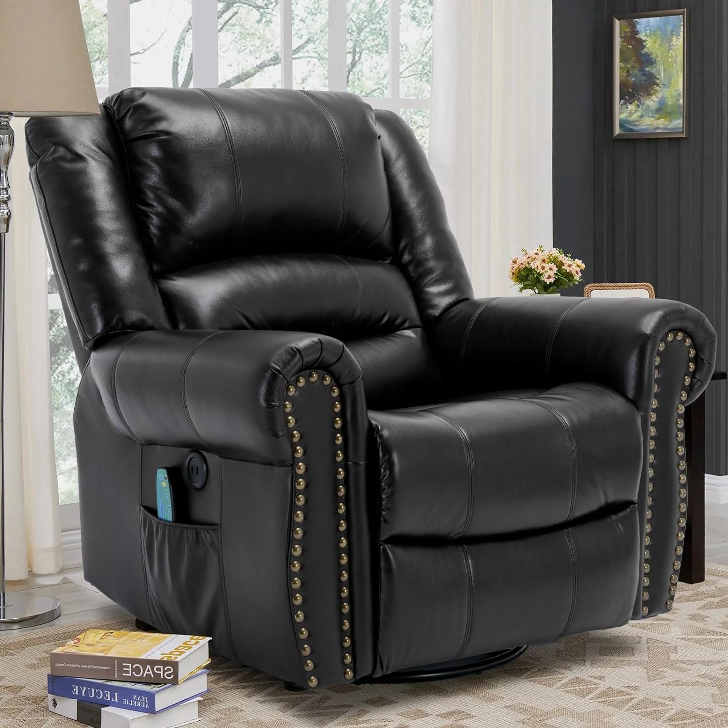 VIVIJASON Massage Swivel Rocker Recliner Chair with Heat & Vibration, 360° Swivel Manual Glider Rocking Reclining Chair with 2 Remote Controls, Side Pockets & USB Ports for Living Room, Black