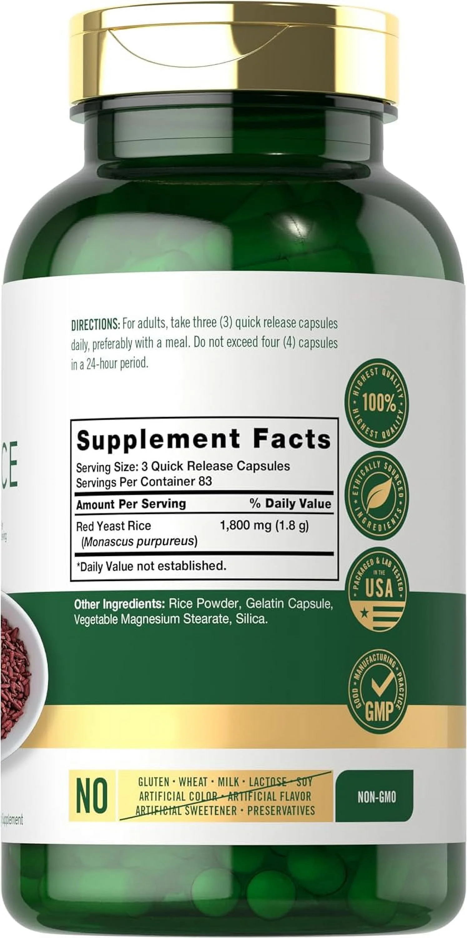Red Yeast Rice 1800 mg | 250 Capsules | Non-GMO, Gluten Free Supplement | by Carlyle