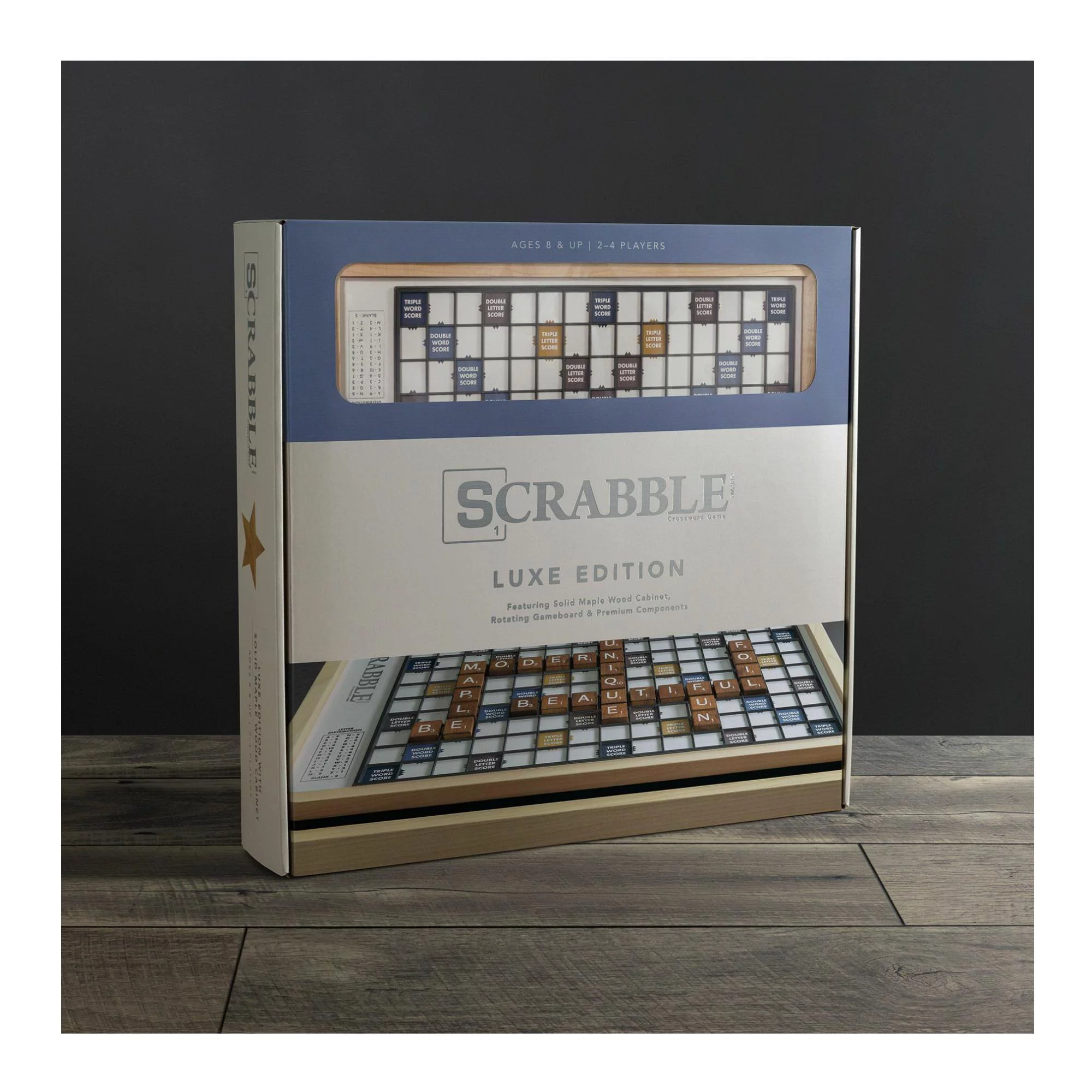 WS Game Company Scrabble Luxe Maple Edition with Rotating Solid Wood Cabinet