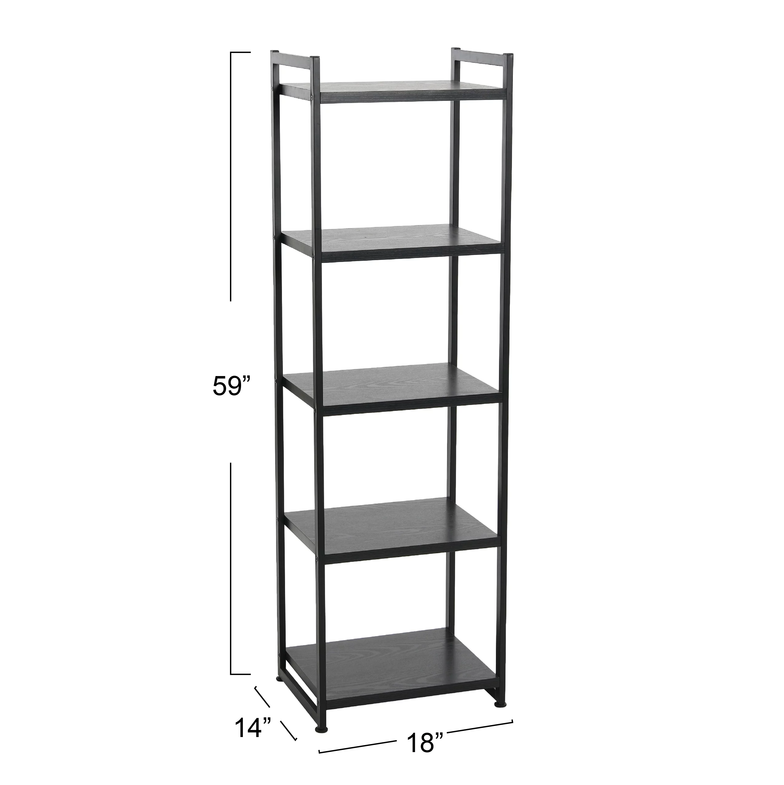 Household Essentials Tower Bookshelf, Tall and Narrow Bookshelf with 5 Shelves, Black Metal and Black Oak Woodgrain Finish, Industrial and Modern