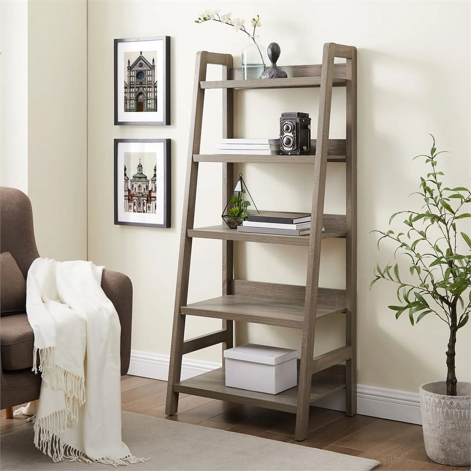Home Square 2-Piece Set with Filing Cabinet and Five Shelf Ladder Bookcase