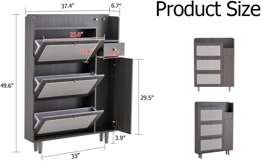 Foorsun Grey Shoe Cabinet, Natural Rattan Shoe Rack with 3 Flip Drawers, 3-Tier Slim Wooden Shoe Storage Organizer with a Drawer, Free Standing Shoe Rack with Large Capacity for Entryway