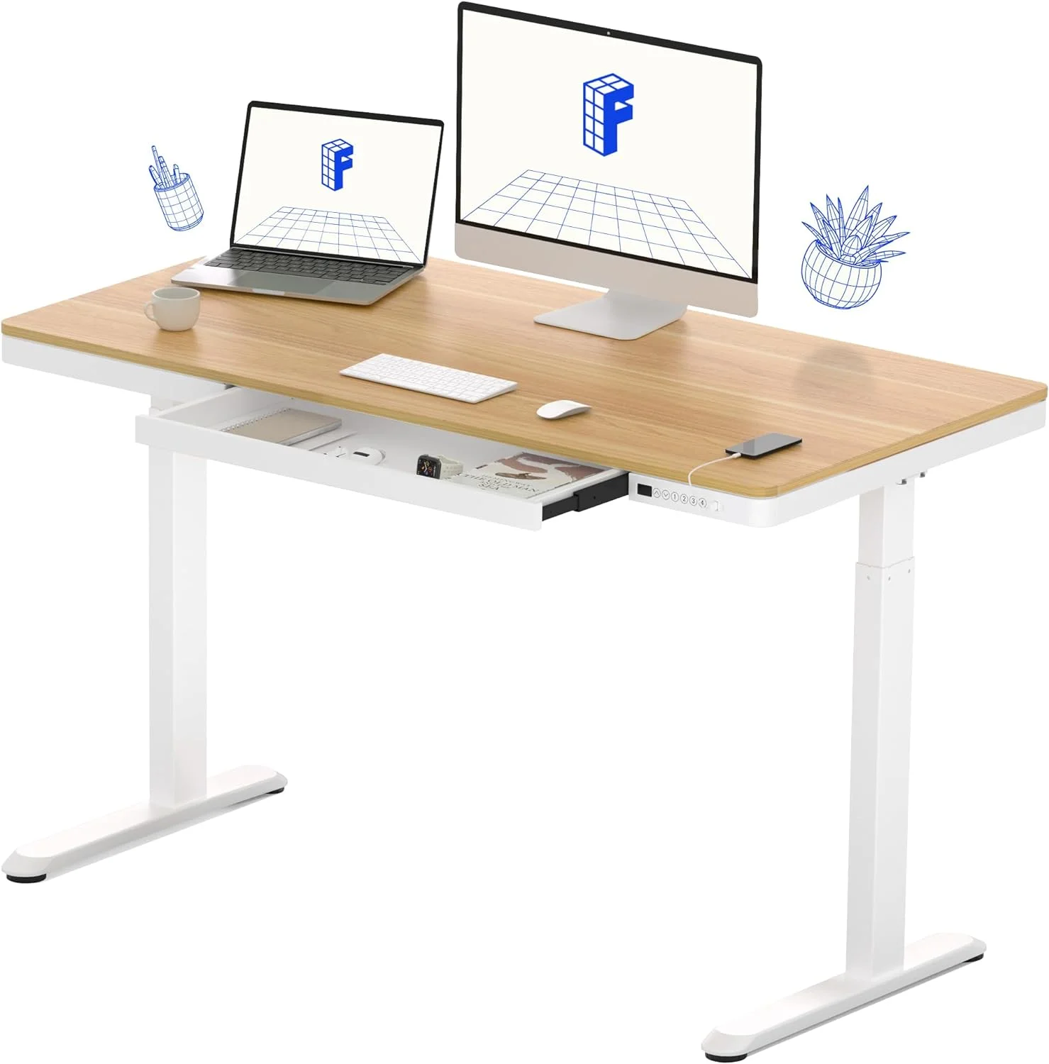 YiSHOP Comhar Electric Standing Desk with Drawers Charging USB Port, Height Adjustable 48