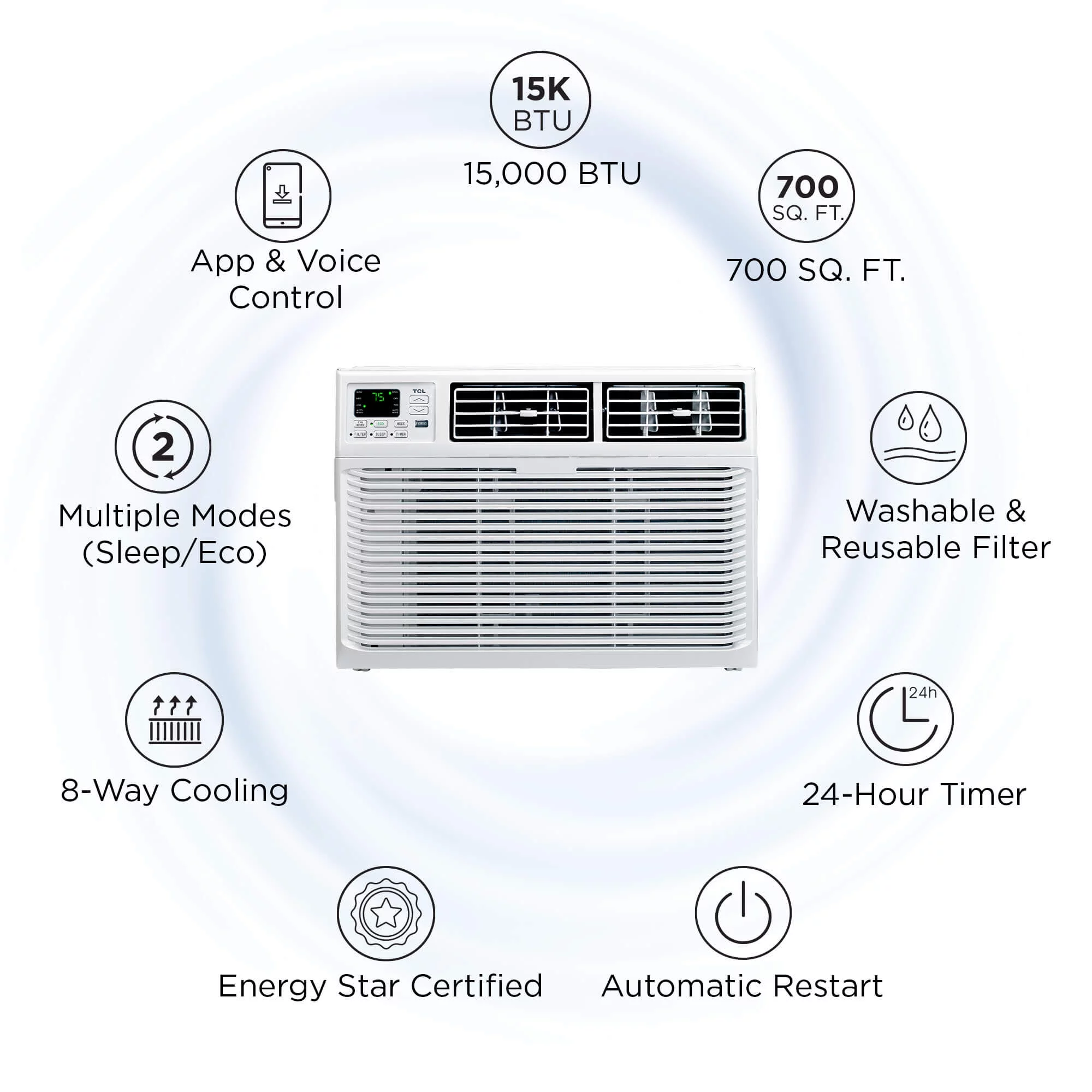 TCL Home 15,000 BTU 115-Volt Smart Window Air Conditioner with Remote, E-Star, White, 15W9E1-A