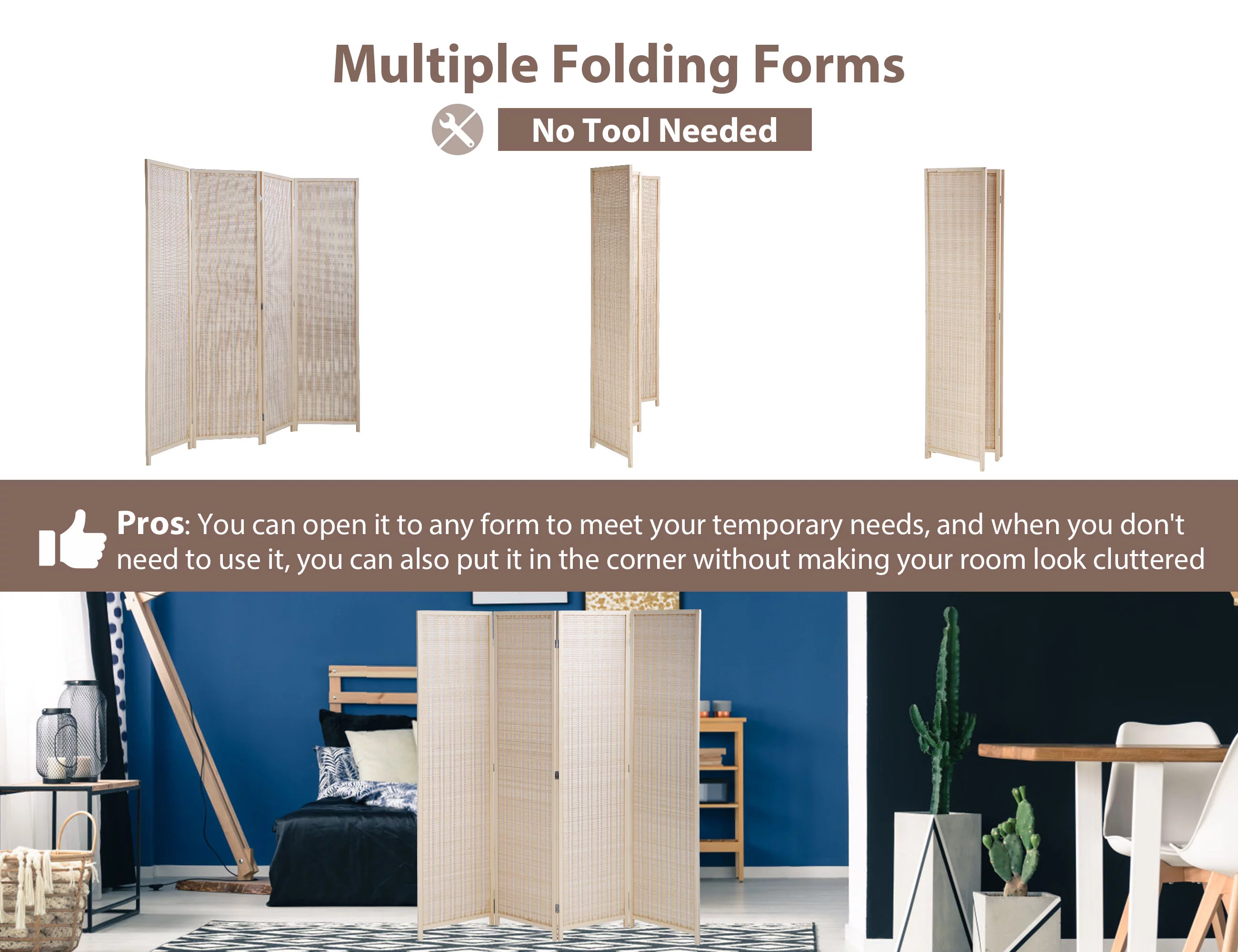 CL.HPAHKL Bamboo 4 Panel Room Divider Folding Privacy Screen 72 Inch High Folding Privacy Screen Indoor Portable