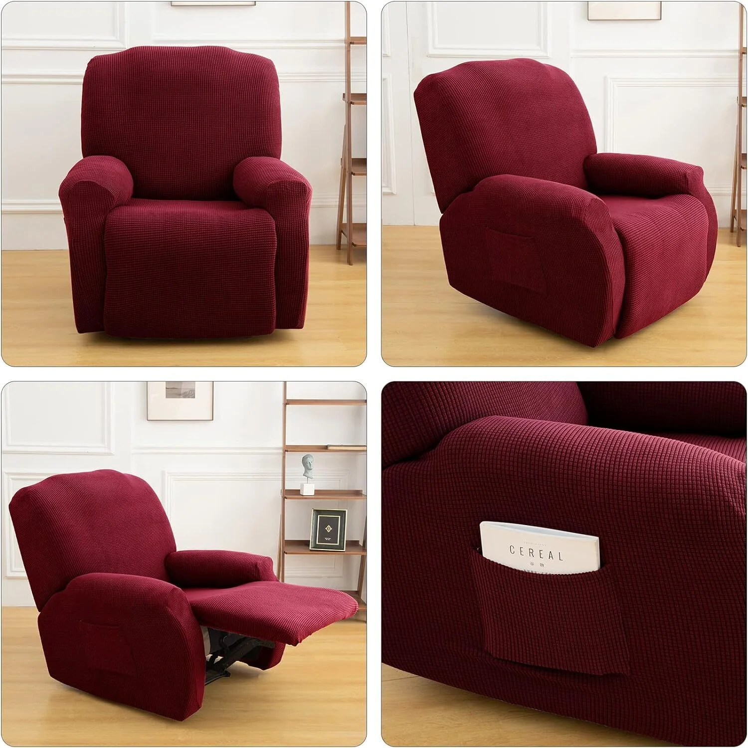 TOPCHANCES Jacquard Recliner Chair Covers, 4-Pieces Armchair Slipcover with Elastic Side Pocket, Armchair Cover for Living Room (Wine Red)