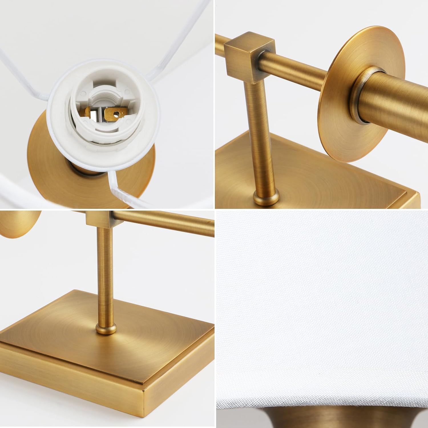 QINBI Set of 2 Classic Rustic Industrial Wall Sconce Lighting Fixture with Flared White Textile Lamp Shade and Antique Brass Tapered Column Stand