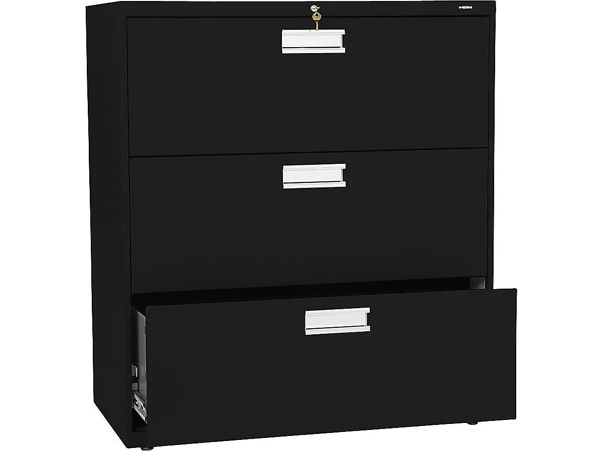 HON Brigade 3-Drawer Filing Cabinet - 600 Series Lateral Legal or Letter File Cabinet, Black (H683)