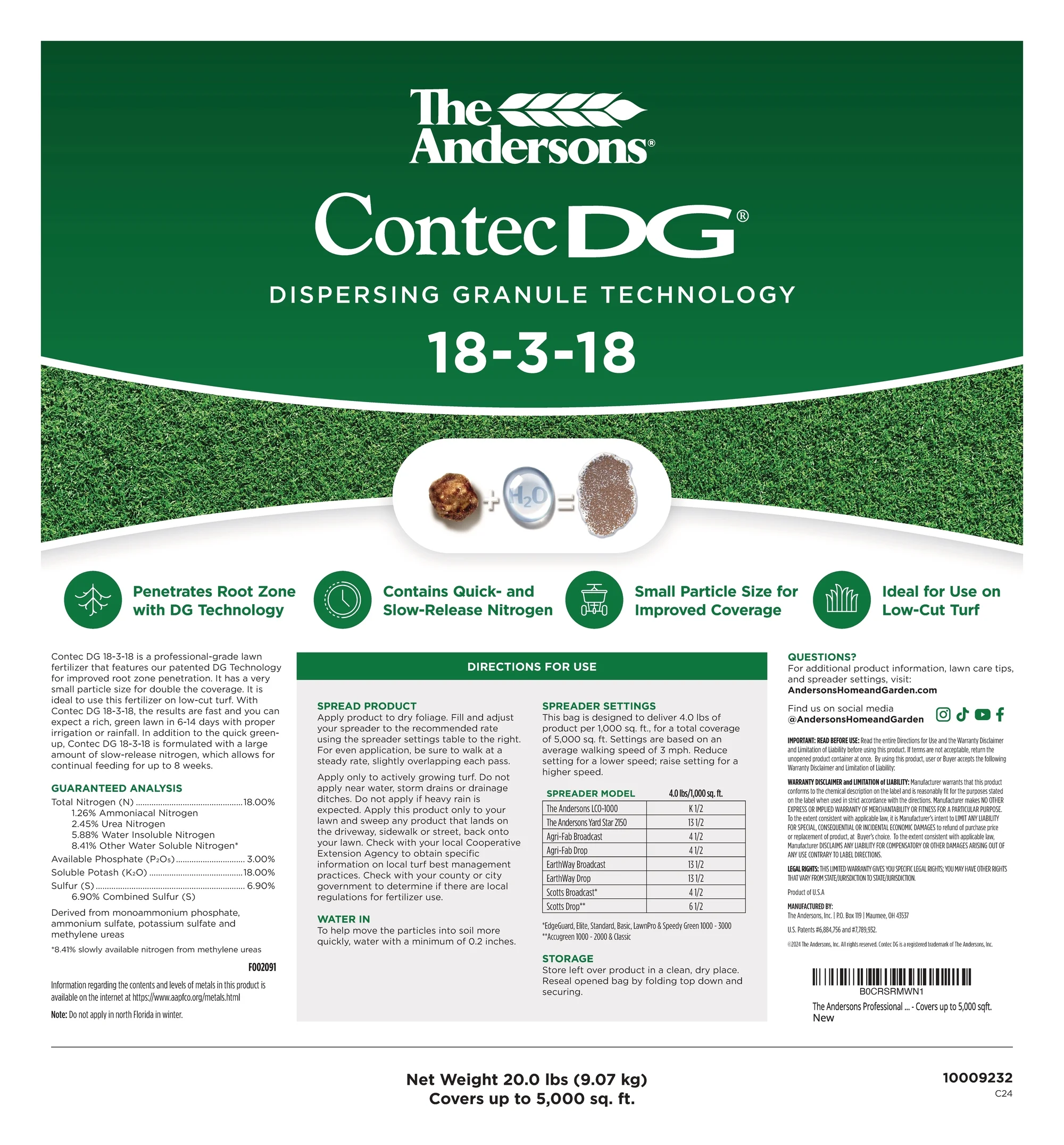The Andersons Professional 18-3-18 Contec DG Fertilizer - Covers up to 5,000 sqft.
