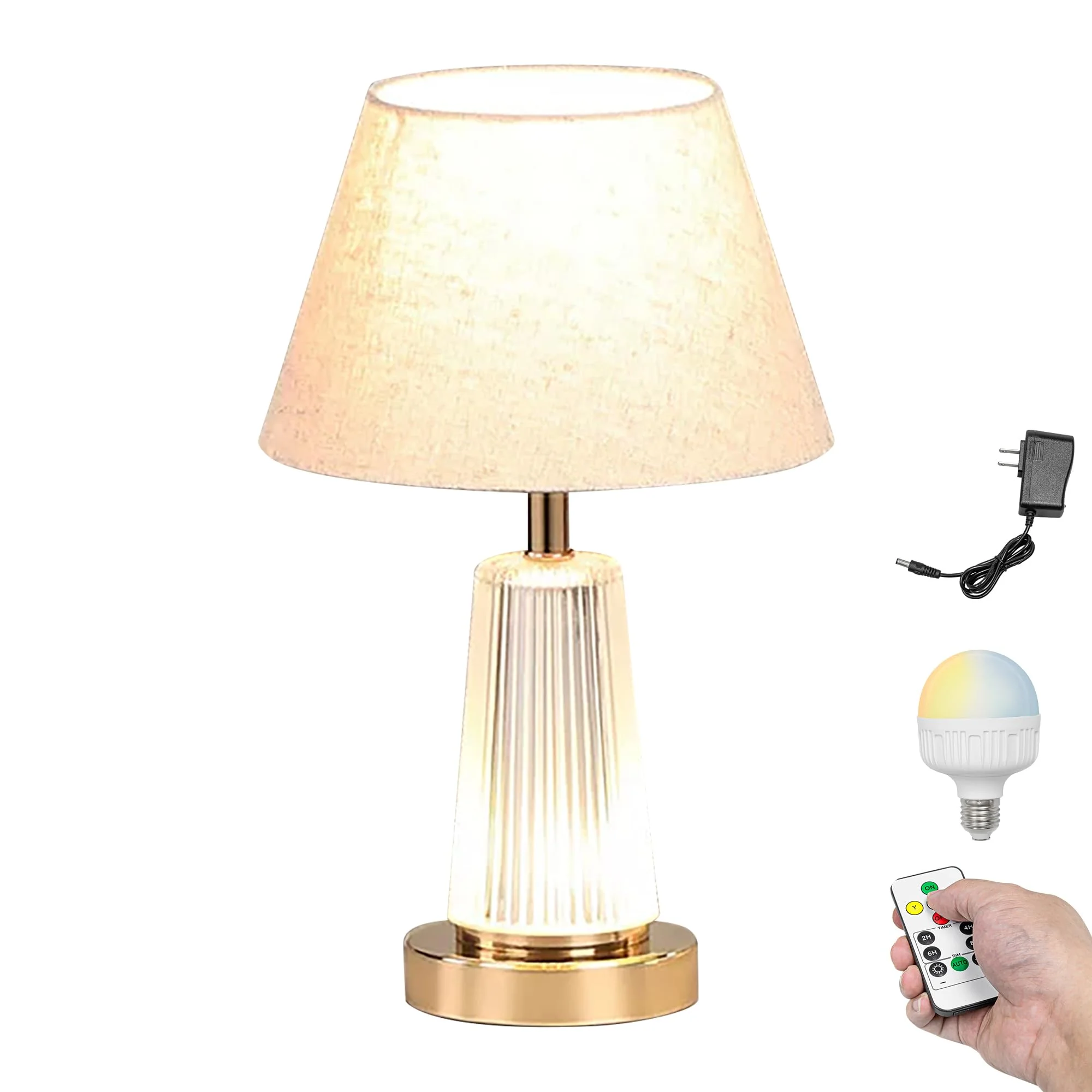 Kiven Cordless Table Lamp, Dimmable LED Desk Lamp with Flaxen Barrel Fabric Lampshade, Farmhouse Rechargeable Nightstand Lamp for Reading Home Decor Bedside,1-Light