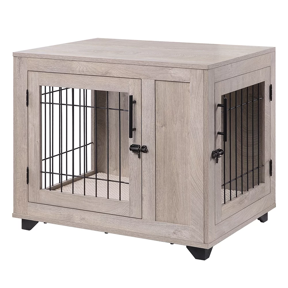 Unipaws Furniture Style Dog Crate, Wooden Wire Pet Kennels with Double Doors, Dog House Indoor Use, Weathered Gray