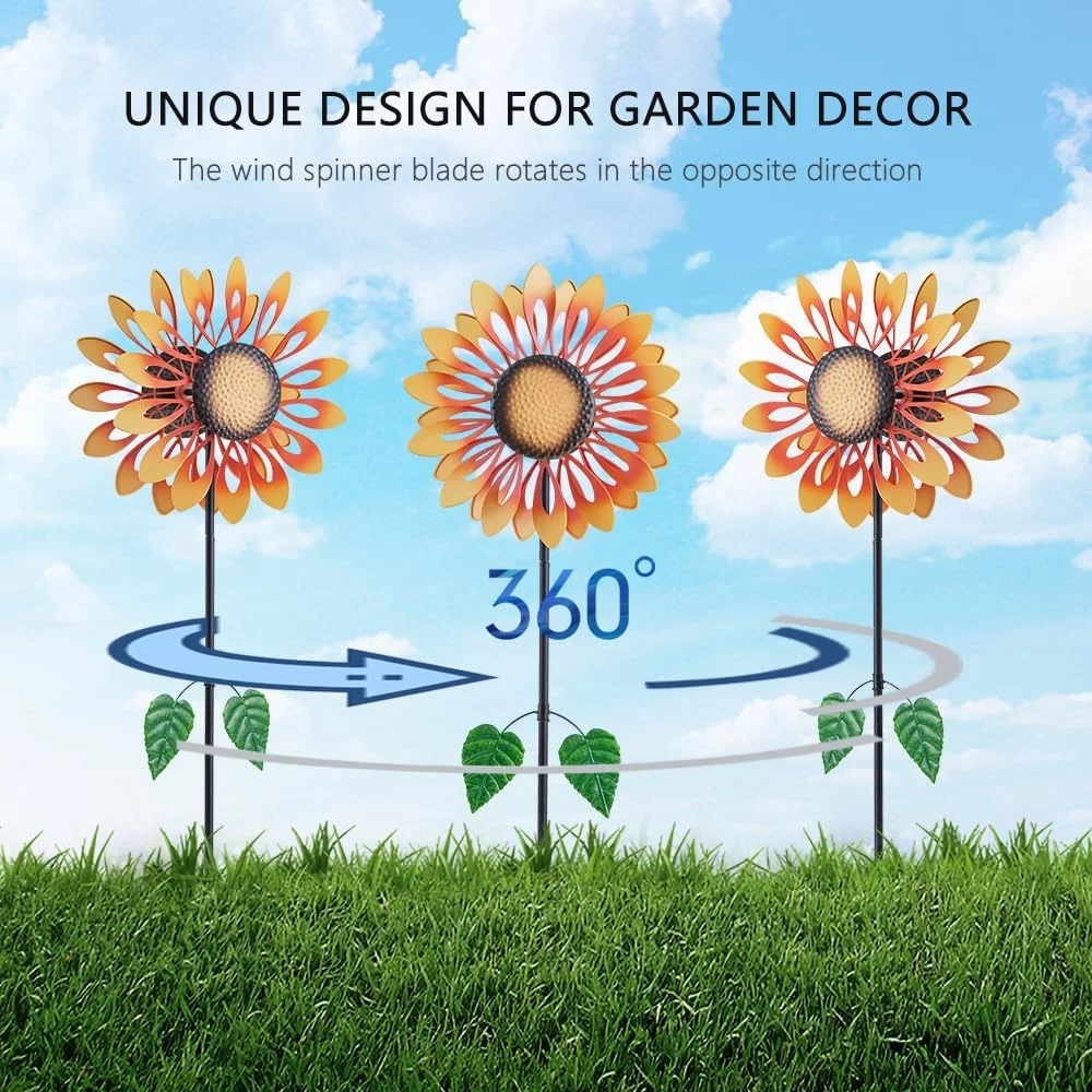 Sunflower Wind Spinners with Stable Stake Metal Garden Spinner, Unique Lawn Ornament Windmill for Outdoor Yard Lawn Garden Decorations (YZ-C012-1)