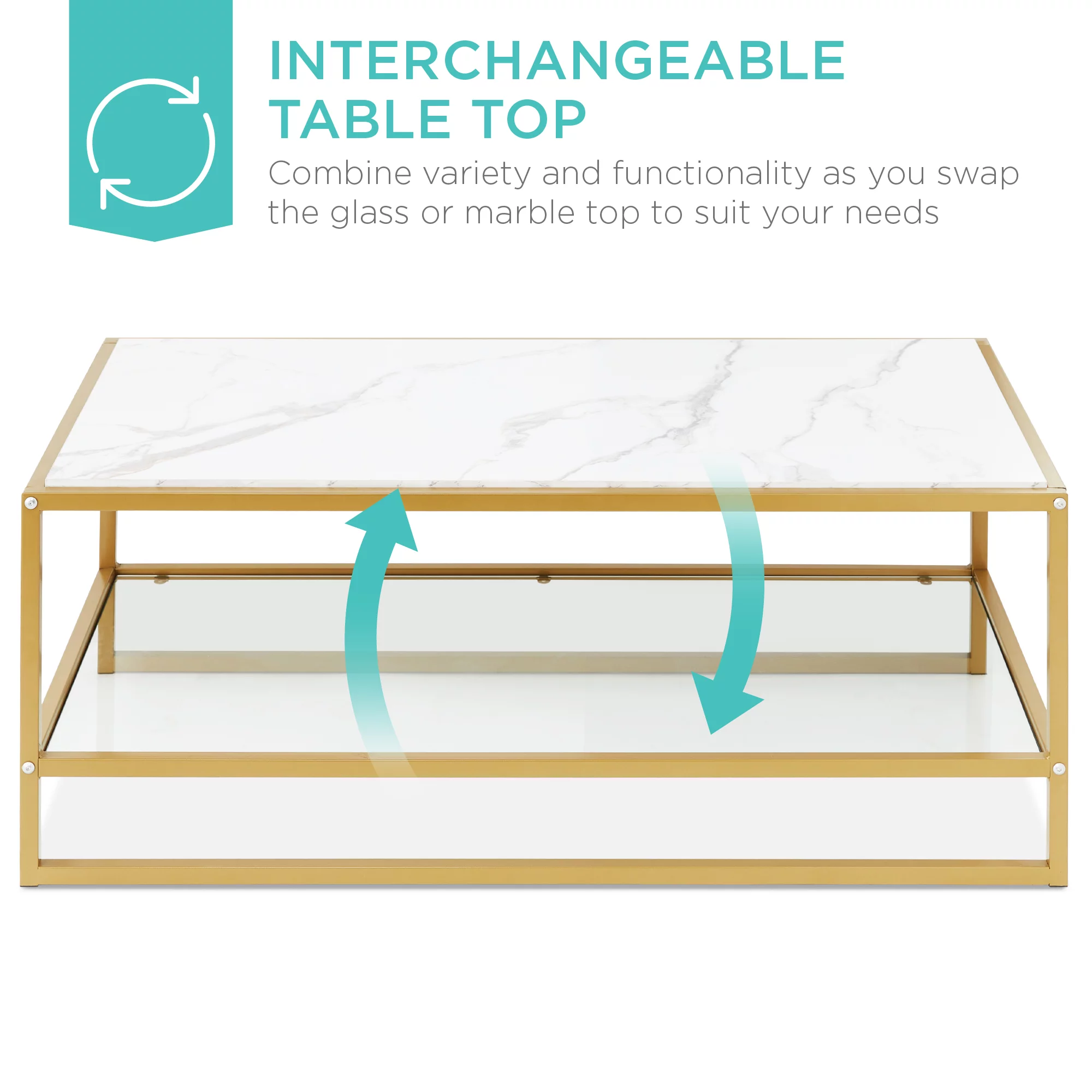 Best Choice Products 44in 2-Tier Rectangular Coffee Table, 2-in-1 Accent Furniture w/ Faux Marble Top - Gold