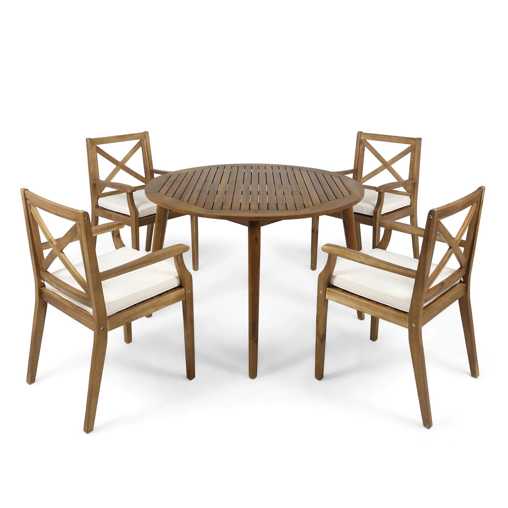GDF Studio Lemyra Outdoor Acacia Wood 5 Piece Dining Set with Cushions, Teak and Cream