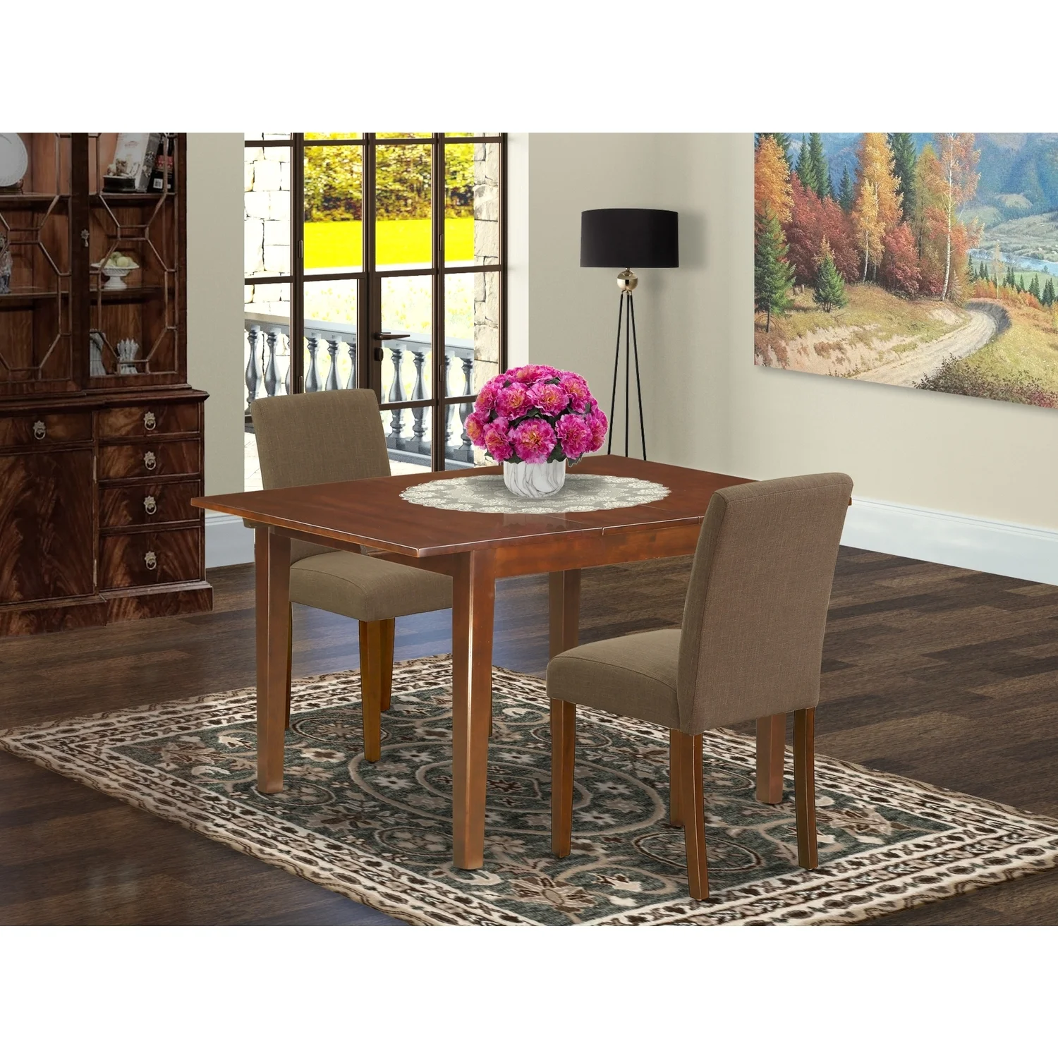 HomeStock Retro Renaissance 3Pc Rectangular 42/54 Inch Table With 12 In Leaf And Two Parson Chair With Mahogany Leg And Linen Fabric Coffee