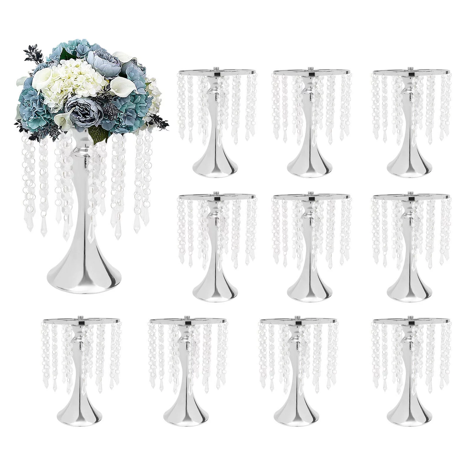 Silver Metal Flower Vases Crystal Flower Stand Wedding Centerpieces Party 10pcs