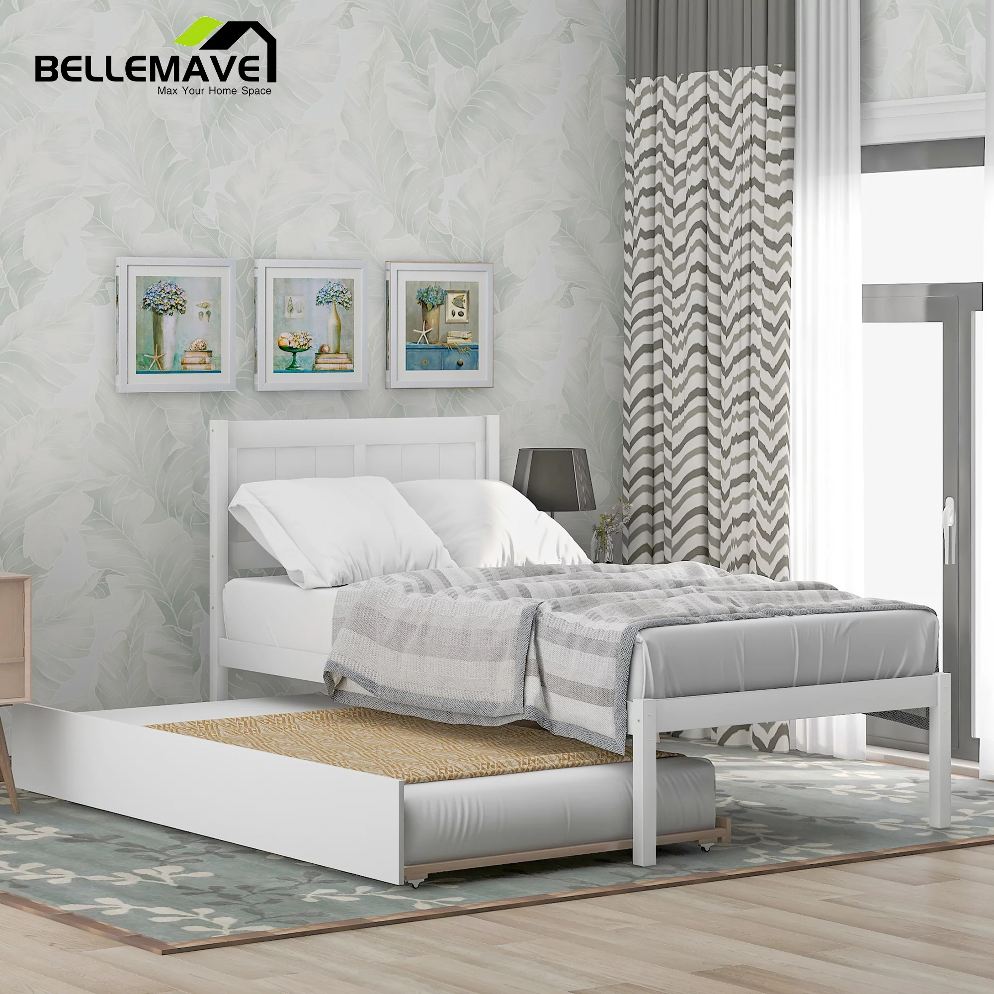 Wood Platform Bed Twin Size, Twin Bed Frames with Trundle Bed, Kids Bed Frame with Headboard and Slats, No Box Spring Needed(White)