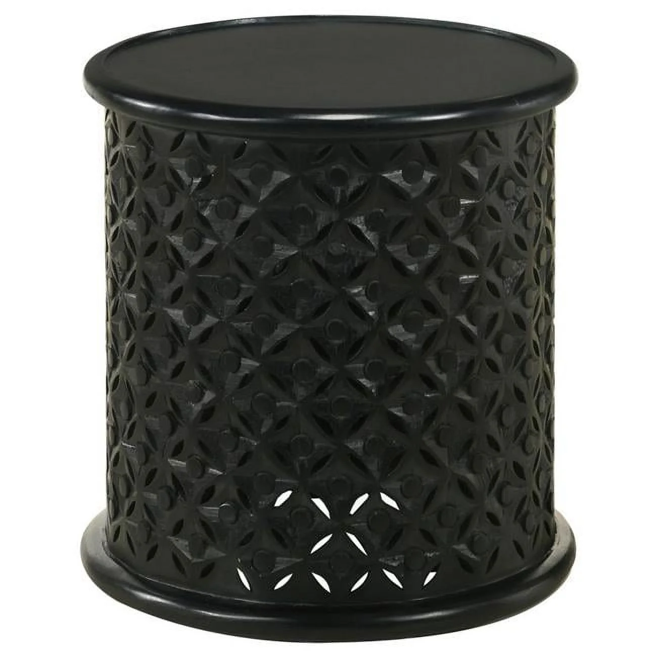 Benjara BM309199 18 in. Kyra Mango Wood Ornate Lattice Carving Round Side Table, Black