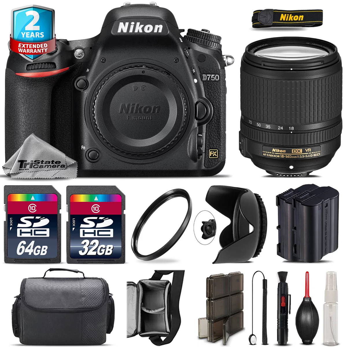 Nikon D750 DSLR + AFS 18-140mm VR Lens + Tulip Hood + Extra Battery - 96GB Kit