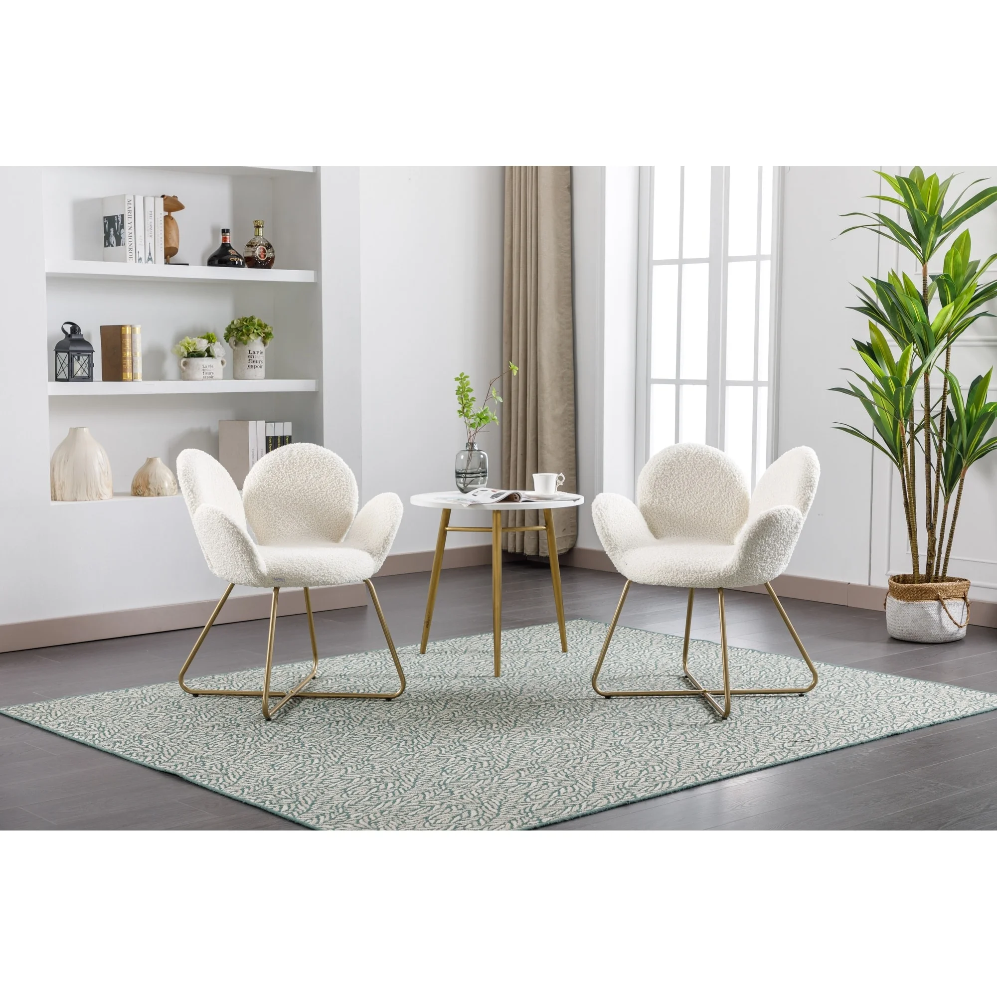 HOMEFUN Modern Velvet/Teddy Upholstered Petal Vanity Desk Chair(SET OF 2) White+Teddy
