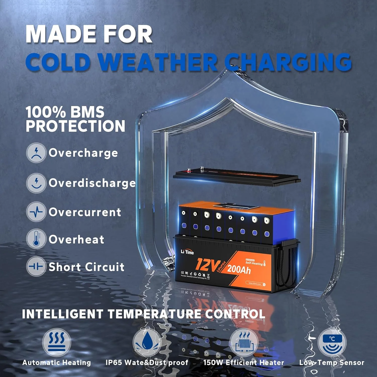 LiTime 12V 200Ah Lithium Battery Self-Heating Low Temperature Charging (-4°F) LiFePO4 Battery 2560Wh Usable Energy Built-in 100A BMS 4000-15000 Deep Cycles for RV Home Energy Storage and Off-grid