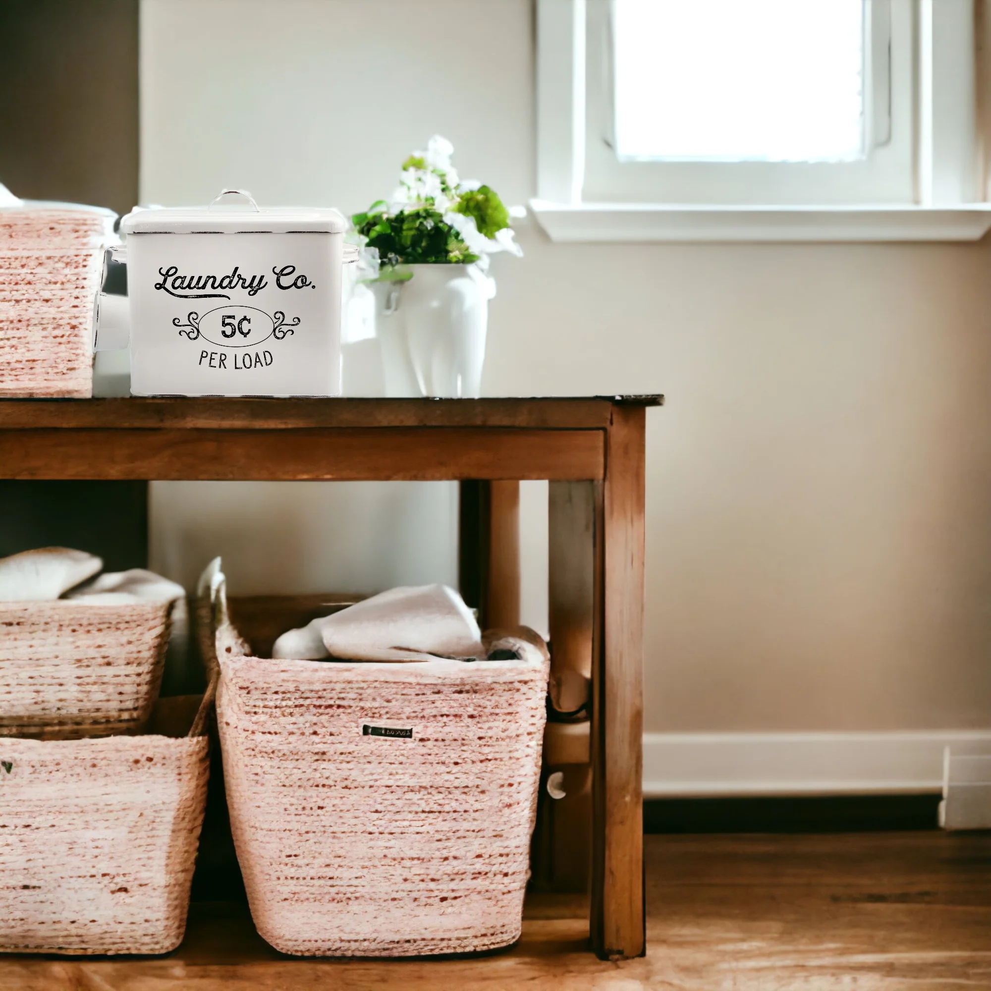 AuldHome Farmhouse Laundry Powder Container, White Enamelware Detergent Bin with Scoop