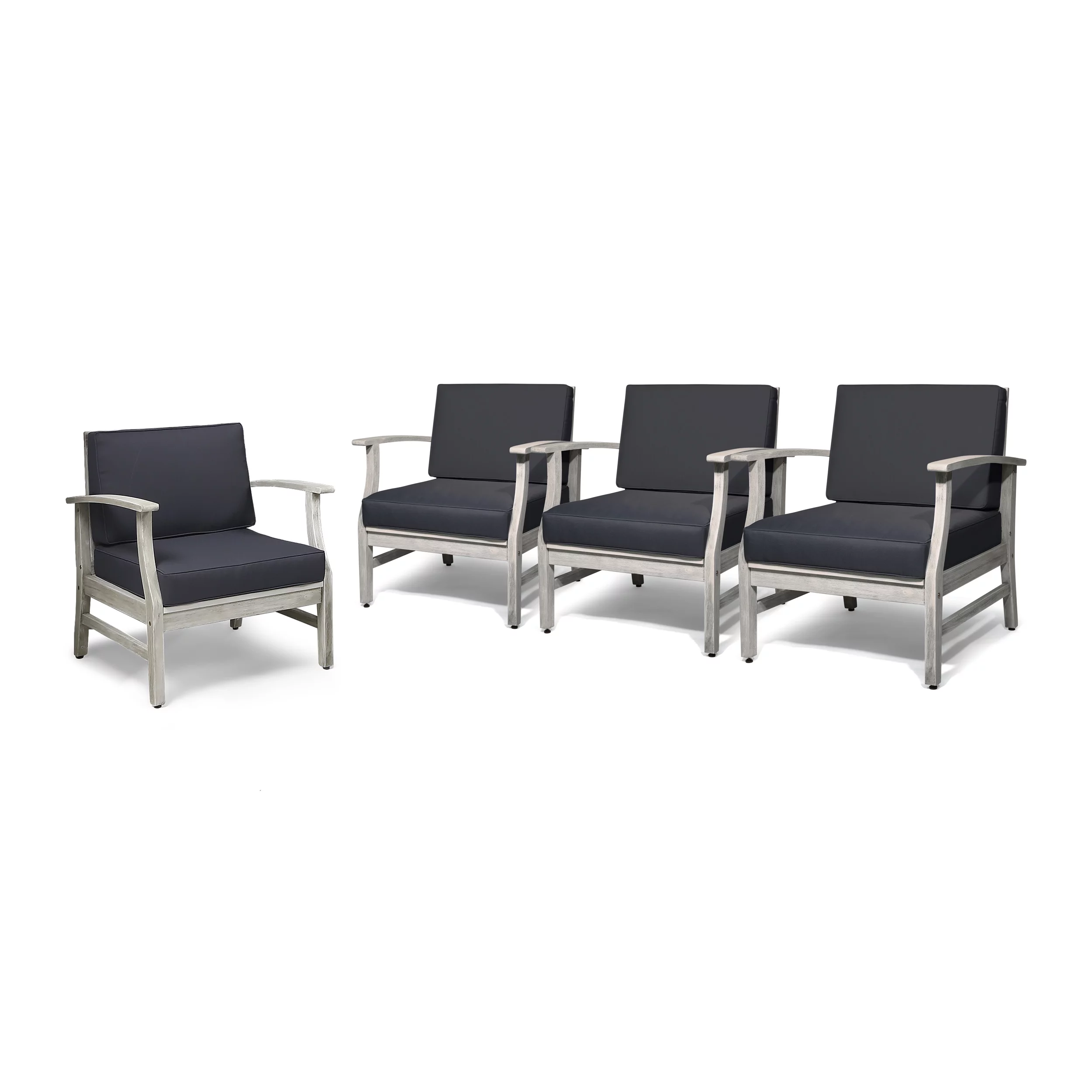 Eliseo Outdoor Acacia Wood Club Chairs with Cushions, Set of 4, Light Gray, Dark Gray