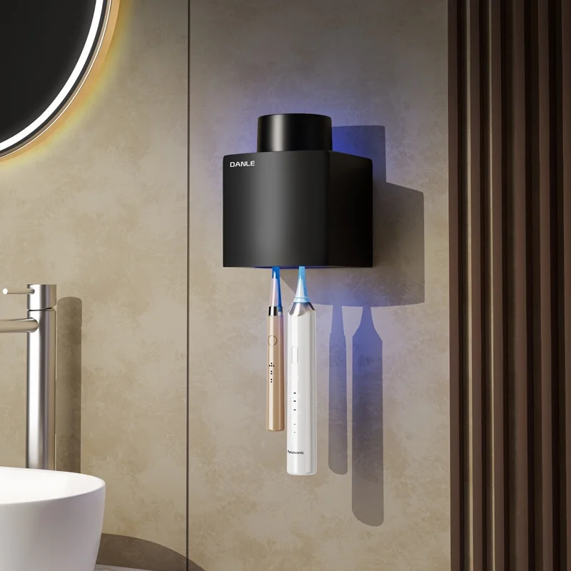 Electric Toothbrush Rack Without Punching Mouthwash Cup Sterilizer Uv Intelligent Sterilization Wall-Mounted Toothbrush Rack - Smart Toothbrush Holder (All Black)