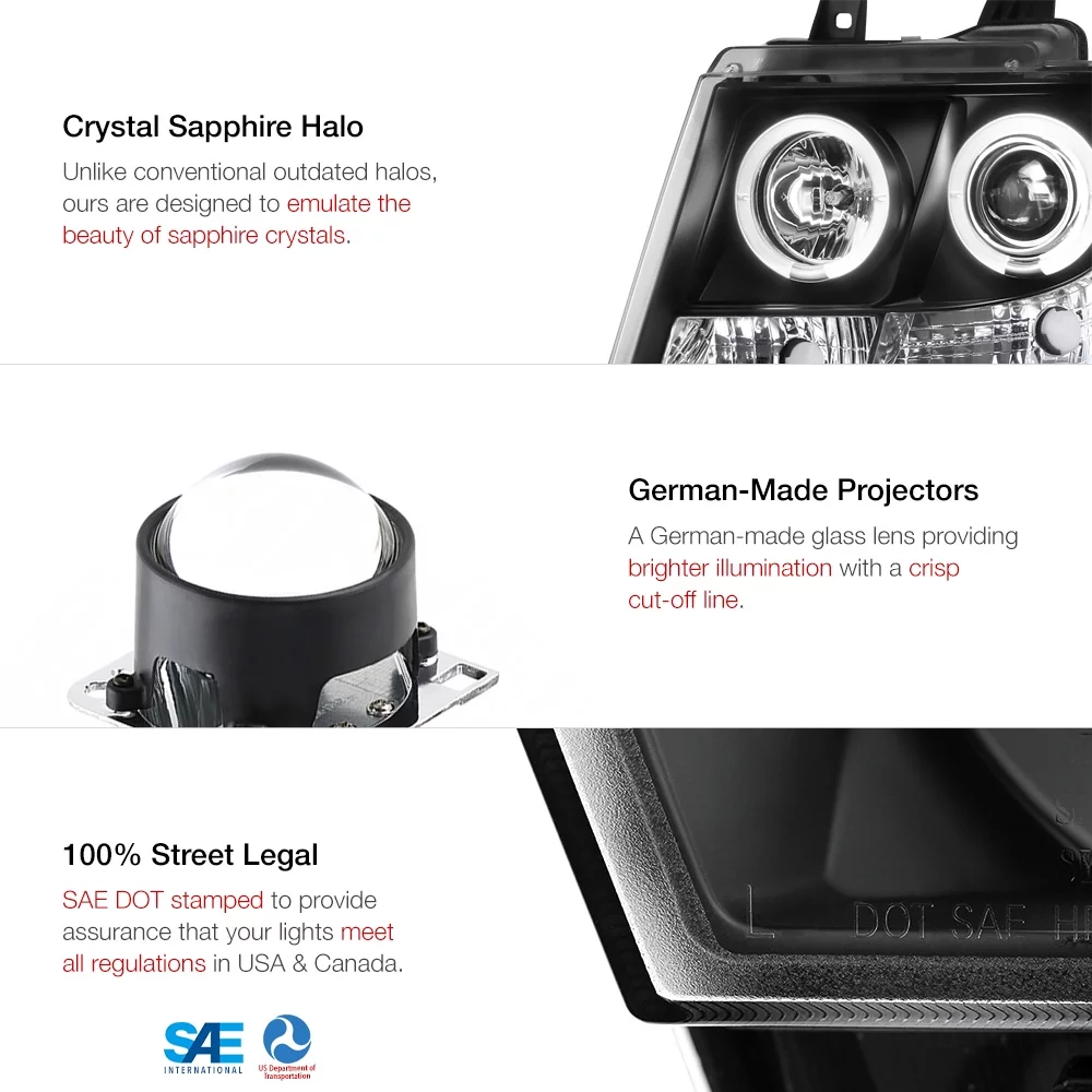 [For 2007-2014 Chevy Avalanche Tahoe Suburban 1500 2500] LED Halo Ring Projector Headlight Headlamp Assembly, Driver & Passenger Side