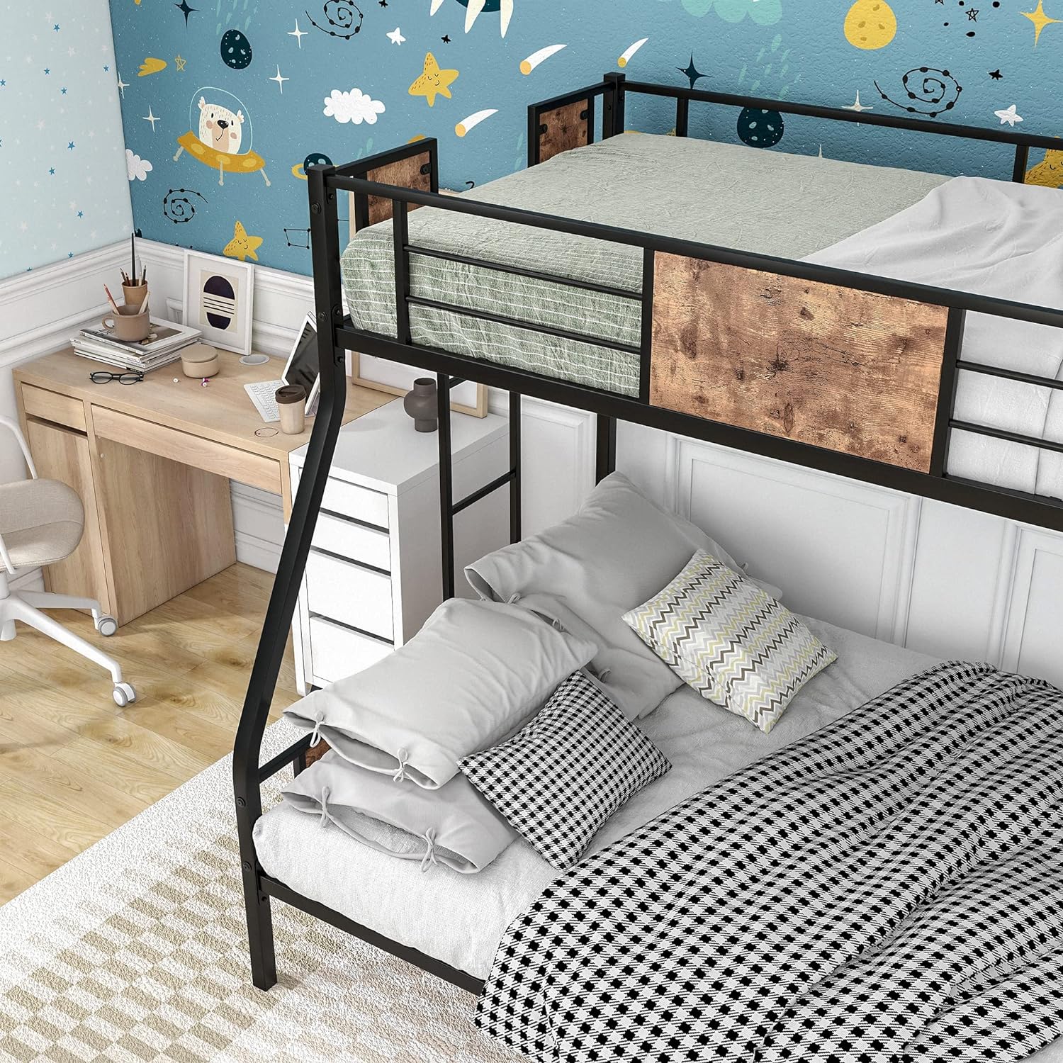 OUWI Twin Over Full Bunk Bed with Metal Frame Sturdy Guard Rail and Safety Ladder, Black