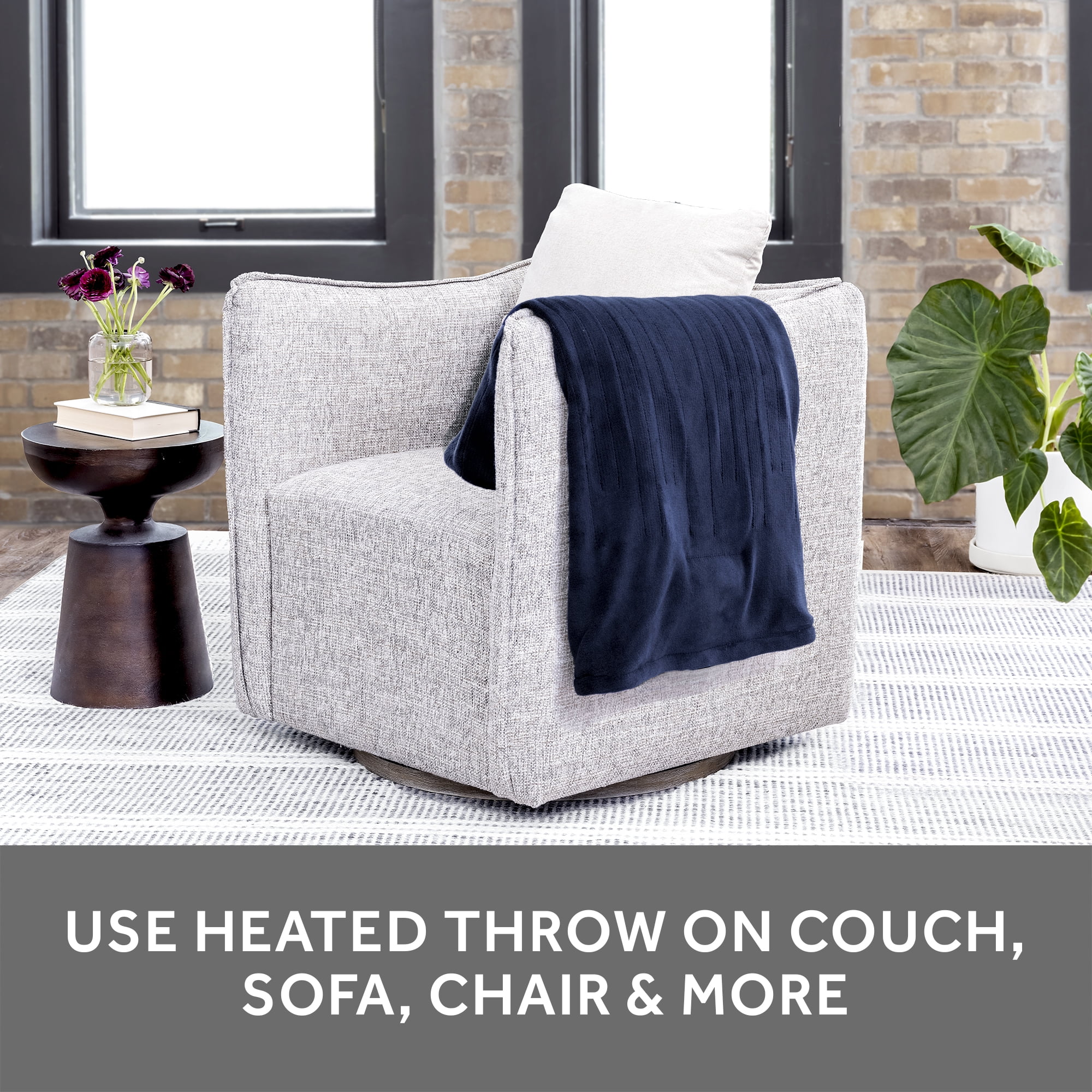 Sunbeam Heated Electric Throw Blanket, Microplush, Blue, 50