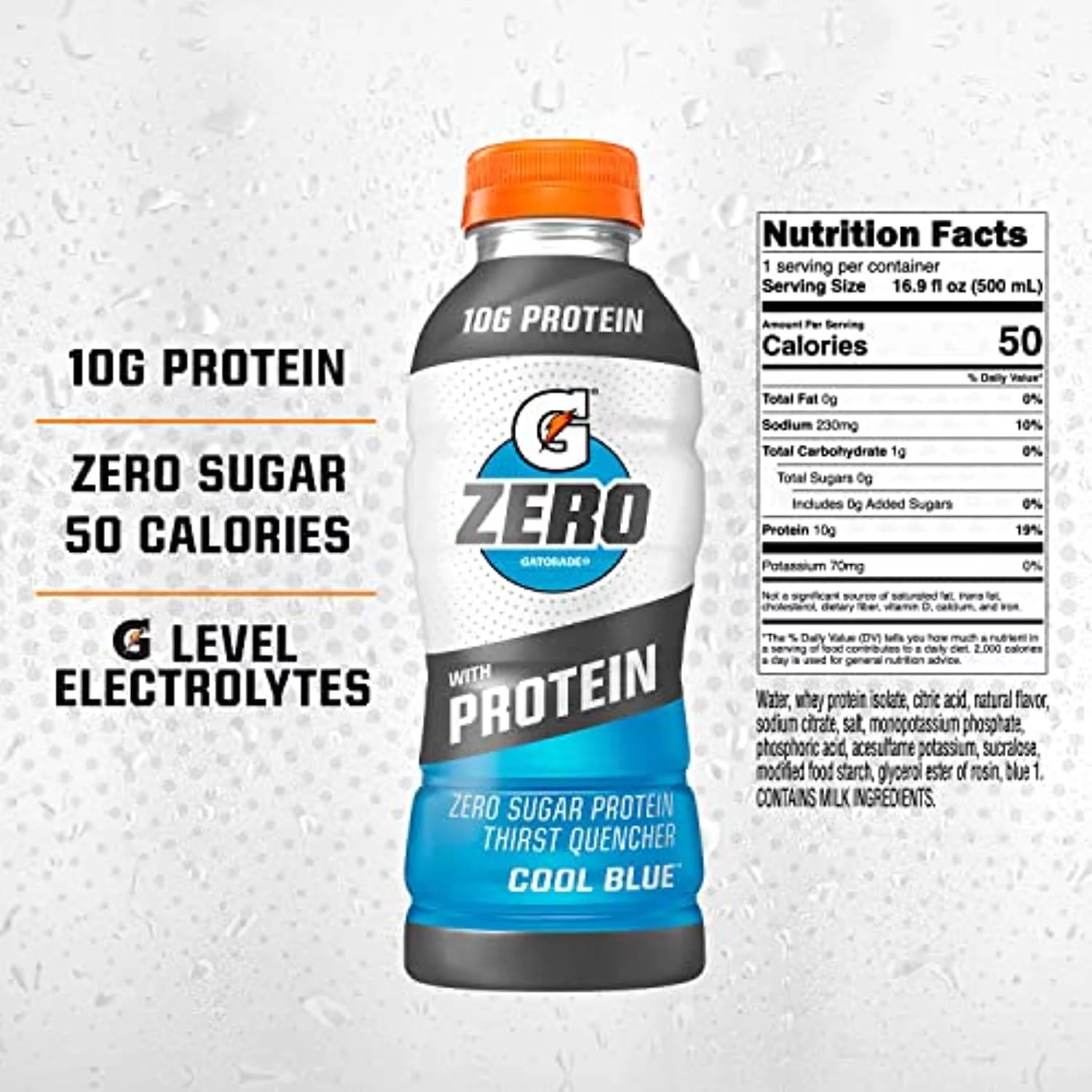 Gatorade Zero With Protein, 10G Whey Protein Isolate, Zero Sugar, Electrolytes, Cool Blue, 16.9 Fl Oz (Pack Of 12)