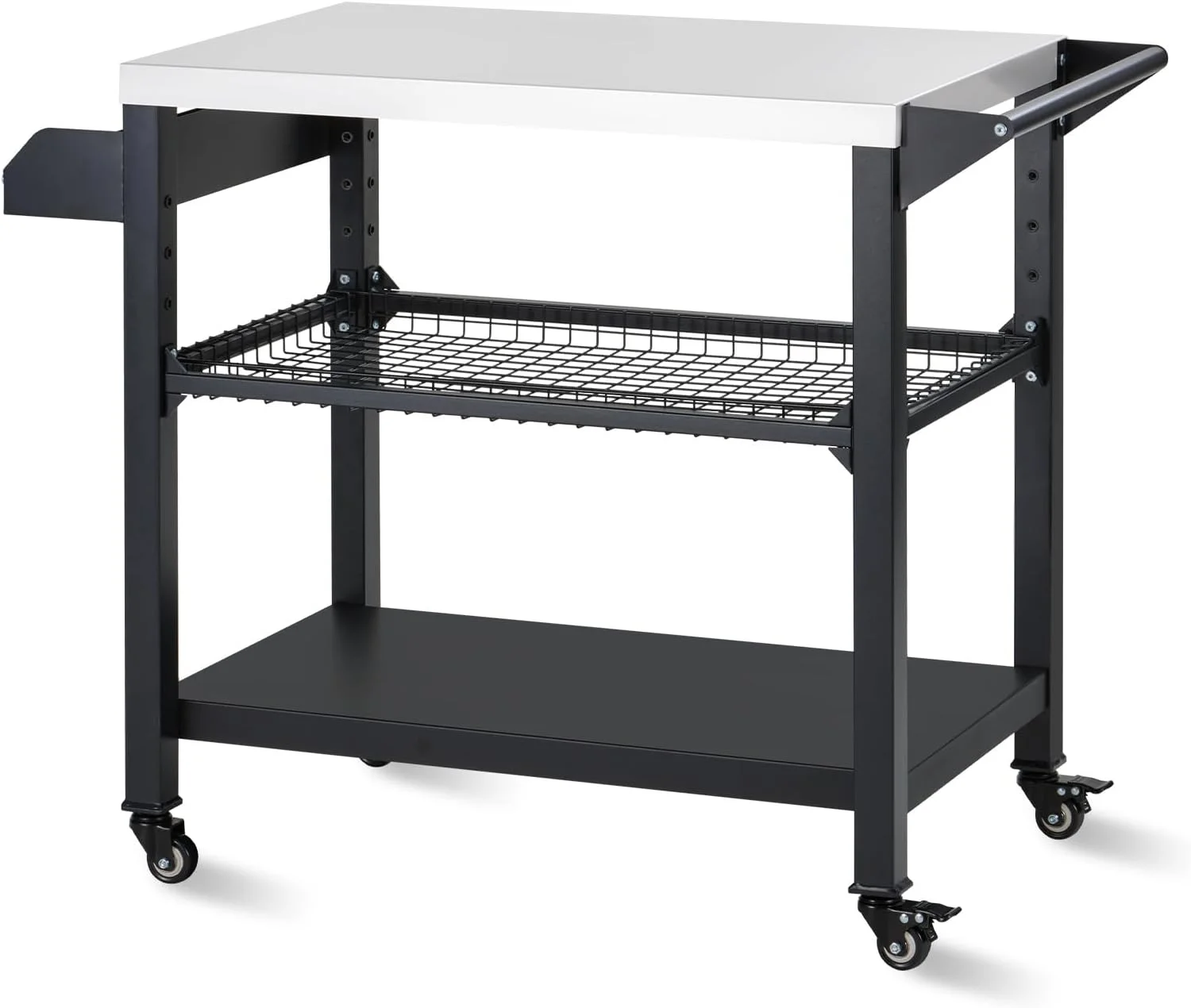 YiSHOP Three-Shelf Movable Outdoor Grill Cart Pizza Oven Stand, Multifunctional Kitchen Food Prep Table with Drawer, Stainless Steel Desktop Dining Worktable on 4 Wheels & Seasoning Tray