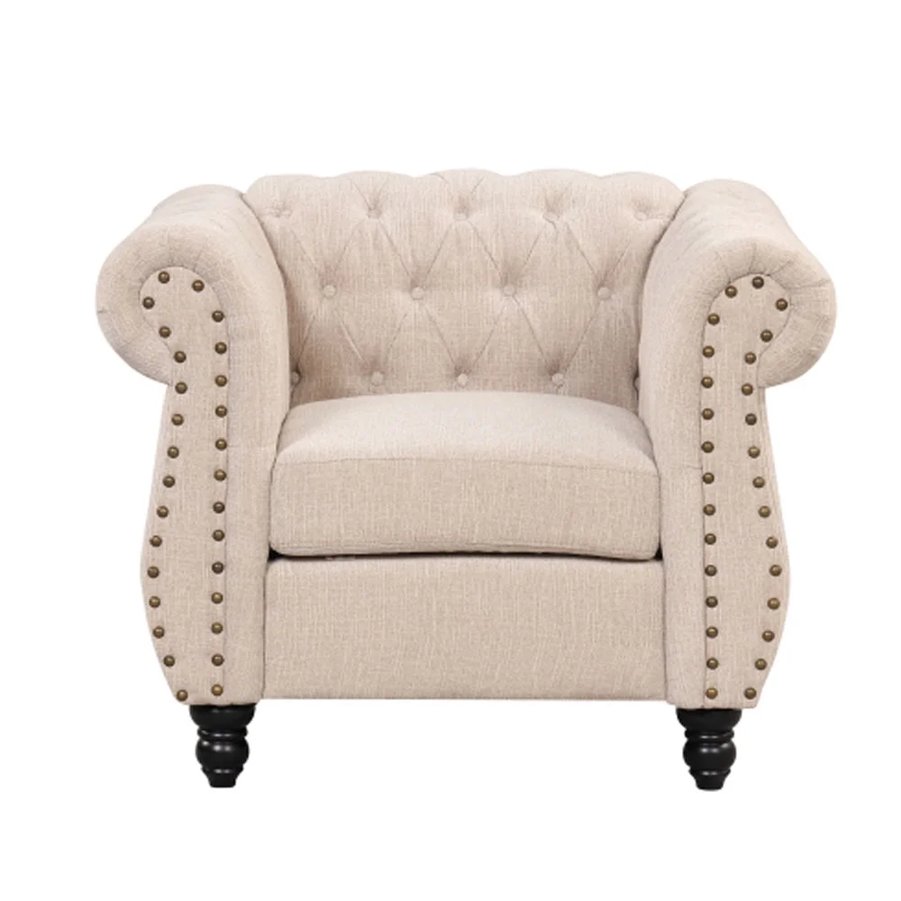 Modern sofa Dutch plush upholstered sofa, solid wood legs, buttoned tufted backrest, Beige