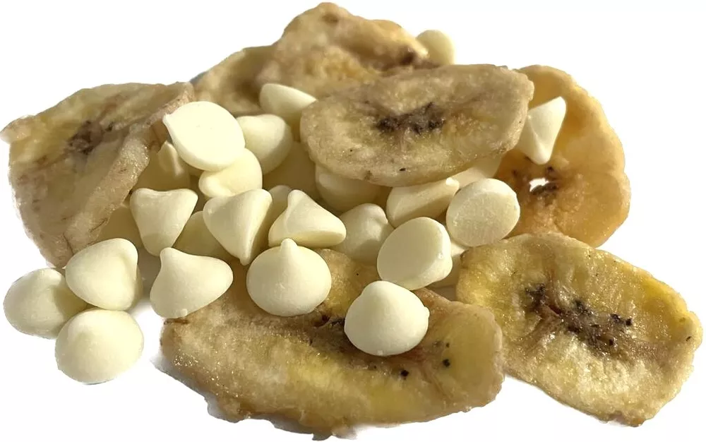 Delicious Callebaut Belgian Bakers White Chocolate Callets & Banana Chips mix 2lb