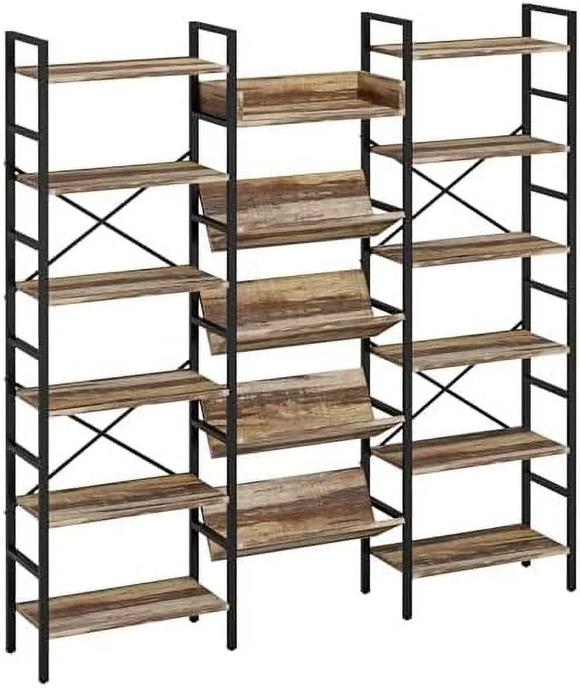 HOOMHIBIU and Bookshelves Triple Wide 6 Tiers Industrial Record Player   Large Etagere Bookshelf Open Record Player Shelves with Metal Frame for Living Room Home Office