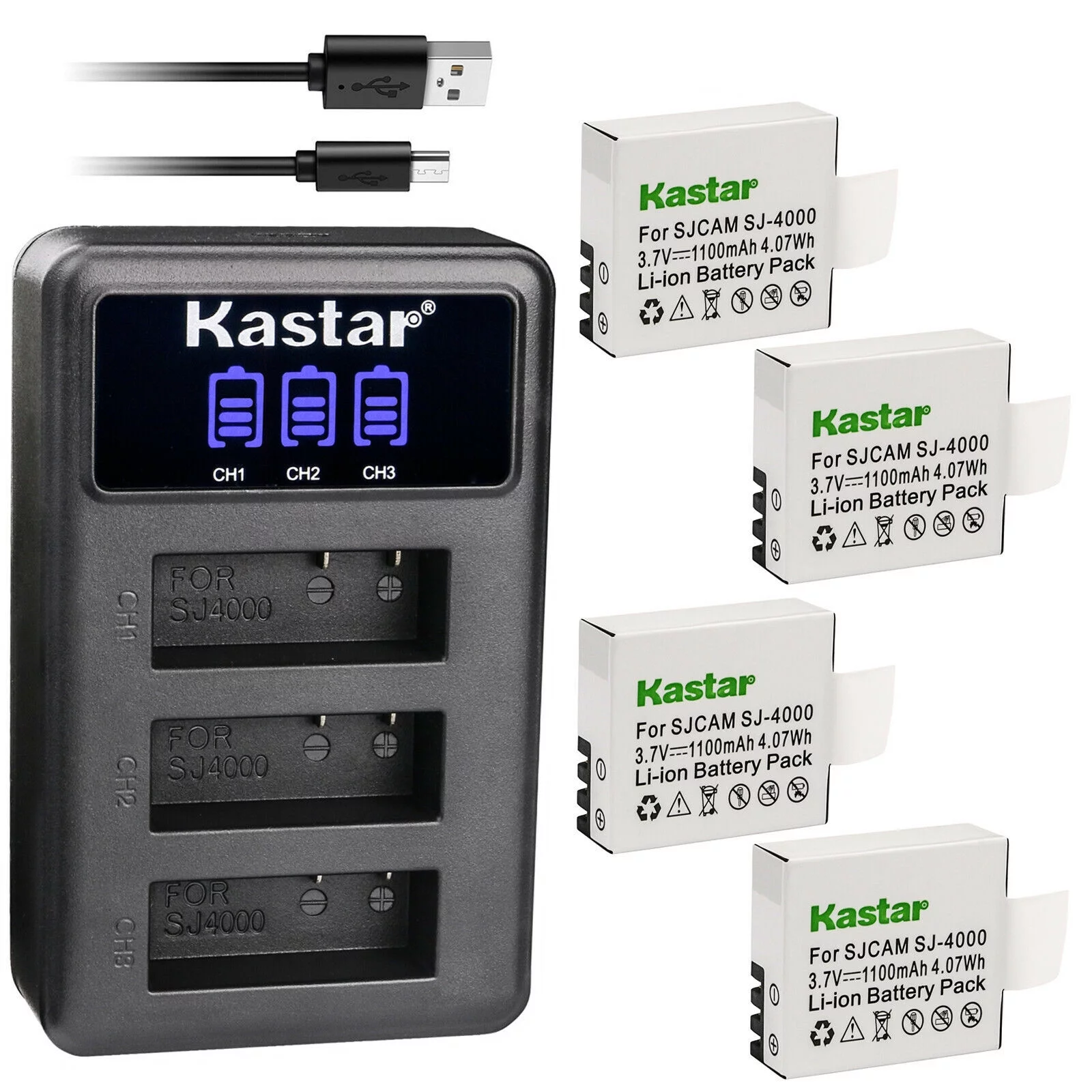 Kastar 4 Pack SJ4000 Battery and LCD Triple USB Charger Compatible with Eken H8, Eken H8 Pro, Eken H8R, Eken H9, Eken H9R, Eko Full HD 1080p Wifi, Eko HD 720p, Eko Ultra HD 4K Wifi Camera